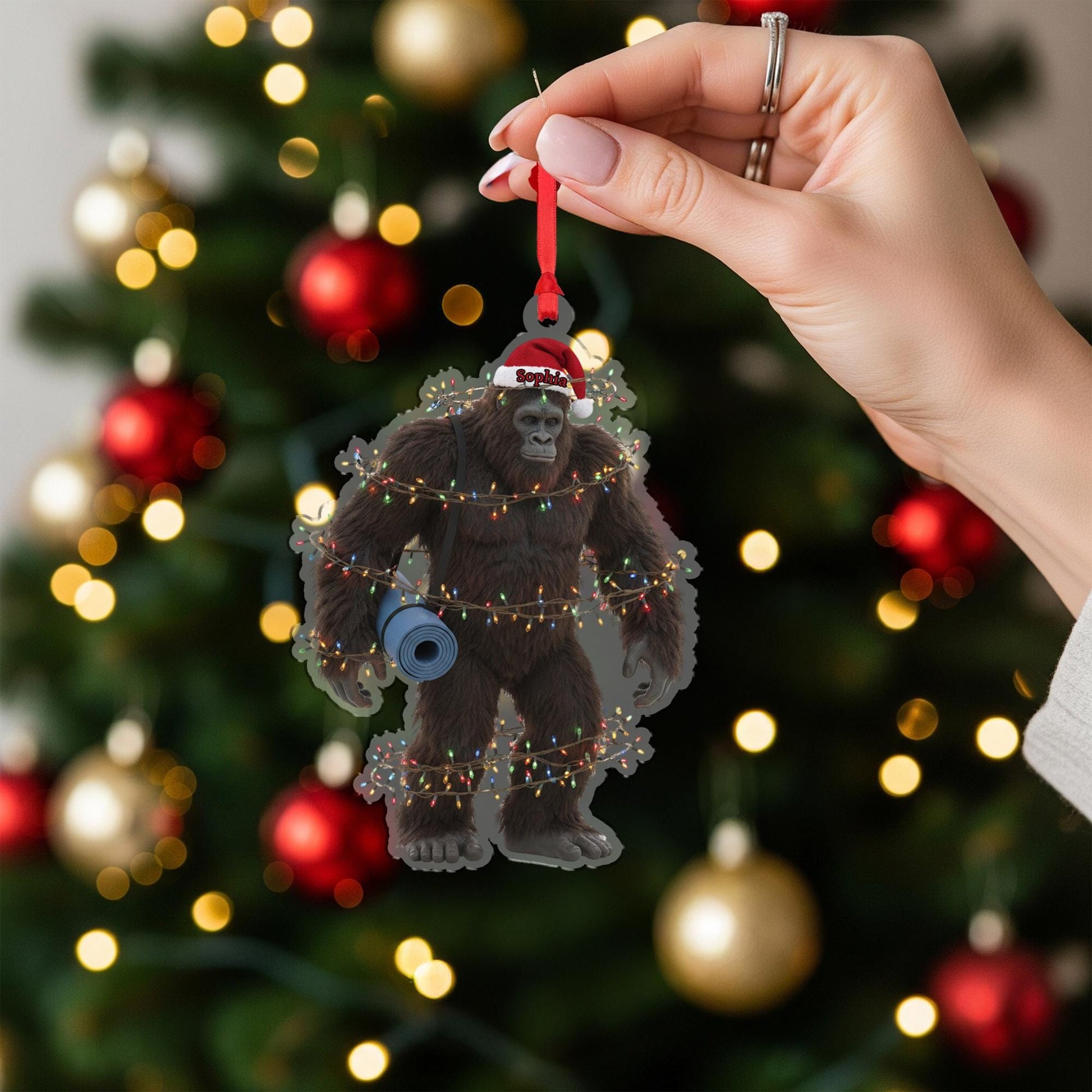Funny Bigfoot Yoga Ornament, Personalized Sasquatch Christmas Tree Gift