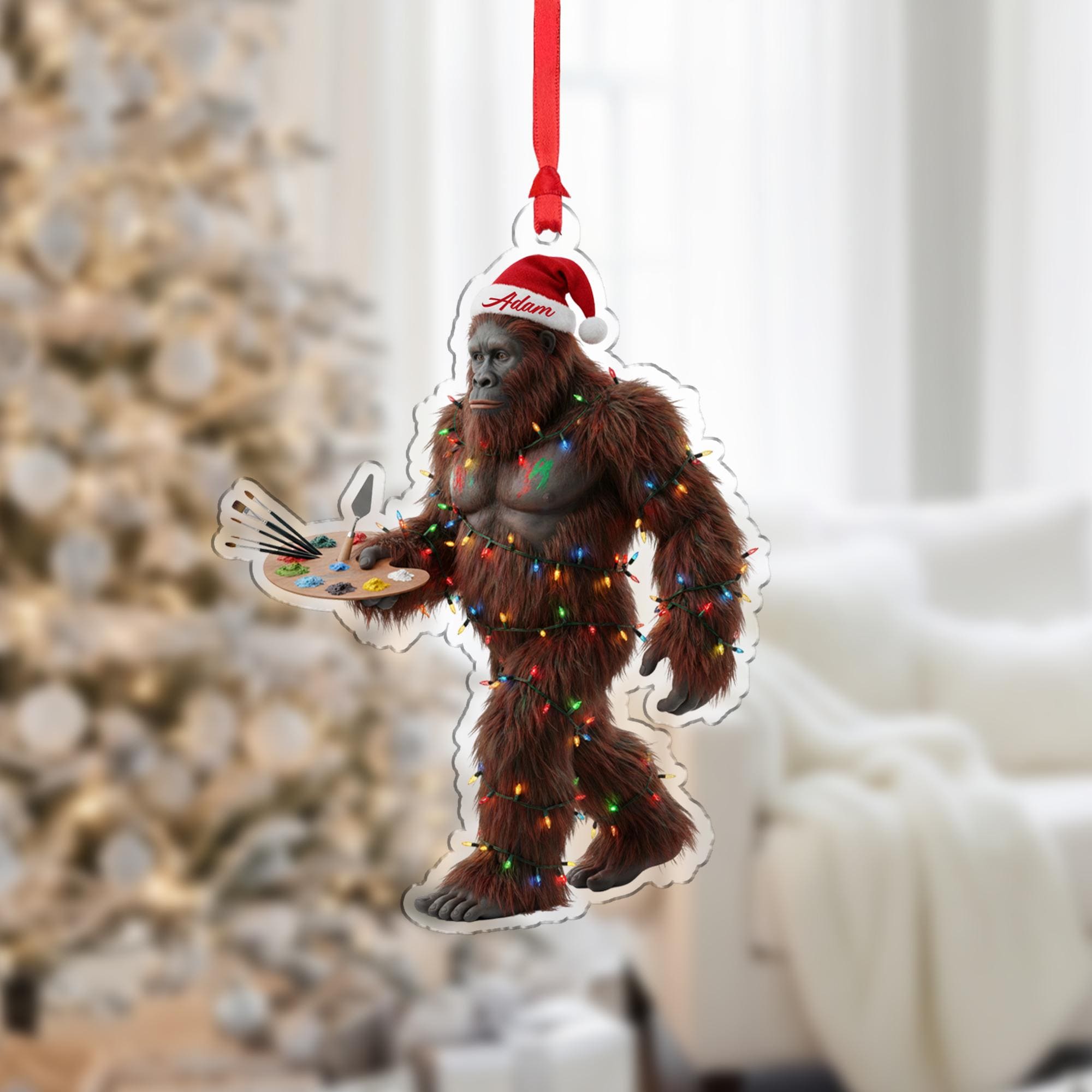 Funny Bigfoot Painting Ornament, Personalized Sasquatch Christmas Tree Gift