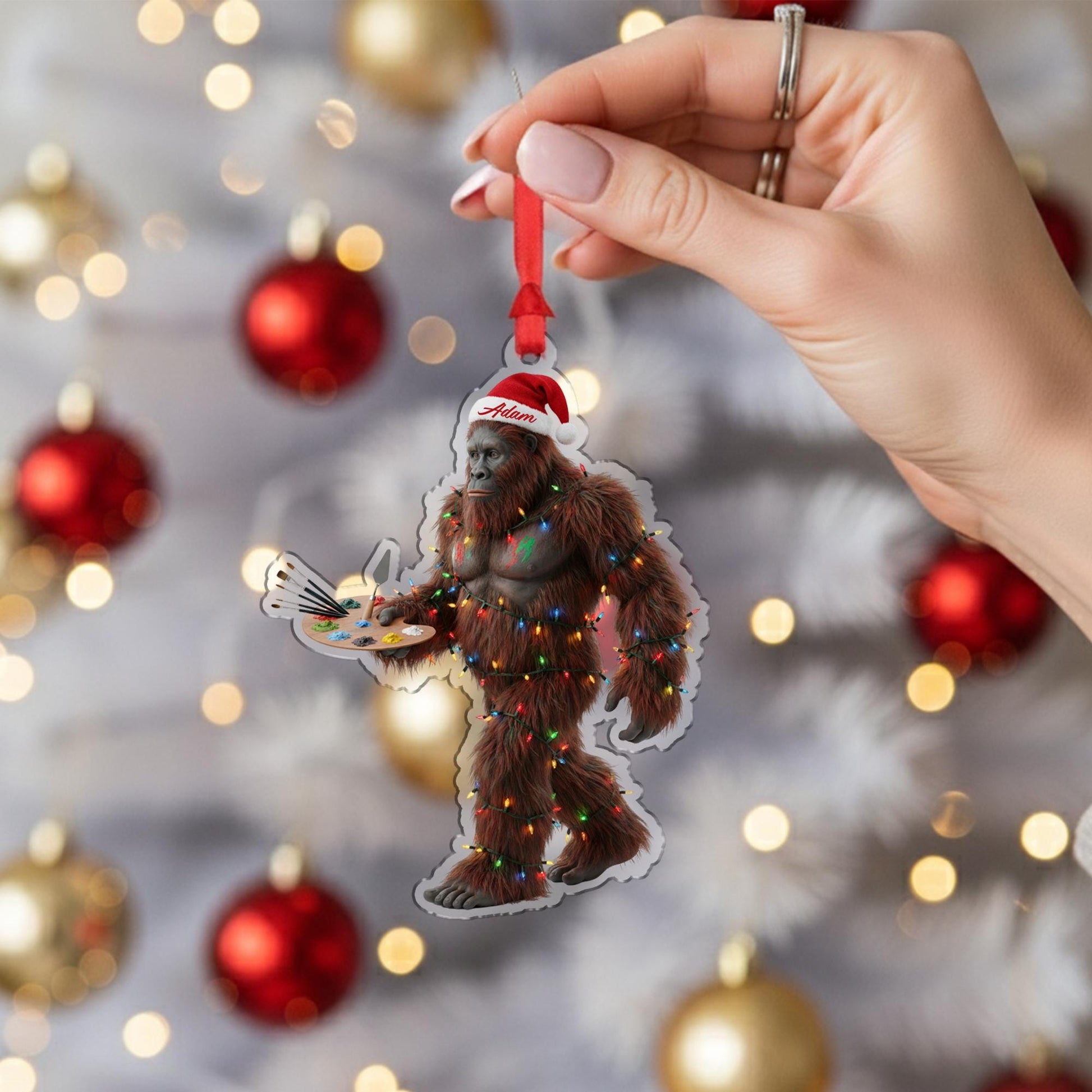 Funny Bigfoot Painting Ornament, Personalized Sasquatch Christmas Tree Gift