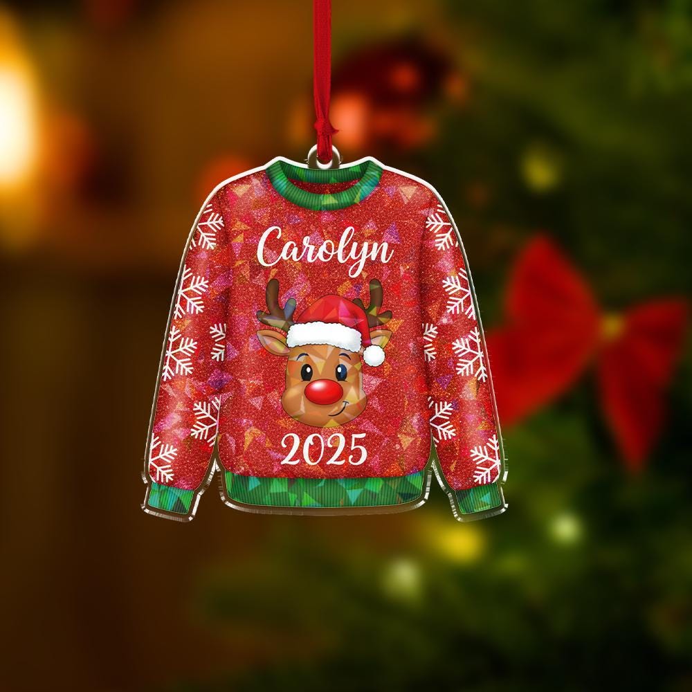 Hologram Personalized Ugly Sweater Ornament 2025 – Custom Name Snowman and Reindeer Decoration