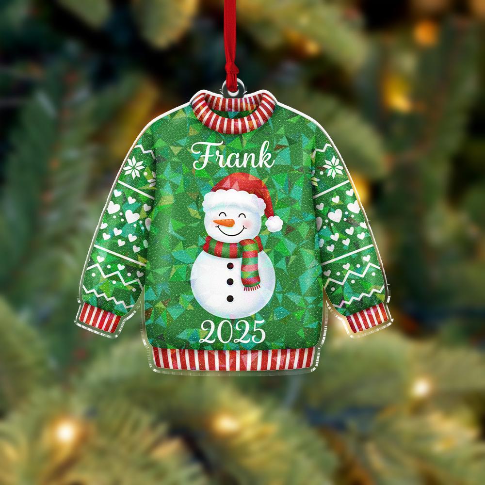 Hologram Personalized Ugly Sweater Ornament 2025 – Custom Name Snowman and Reindeer Decoration