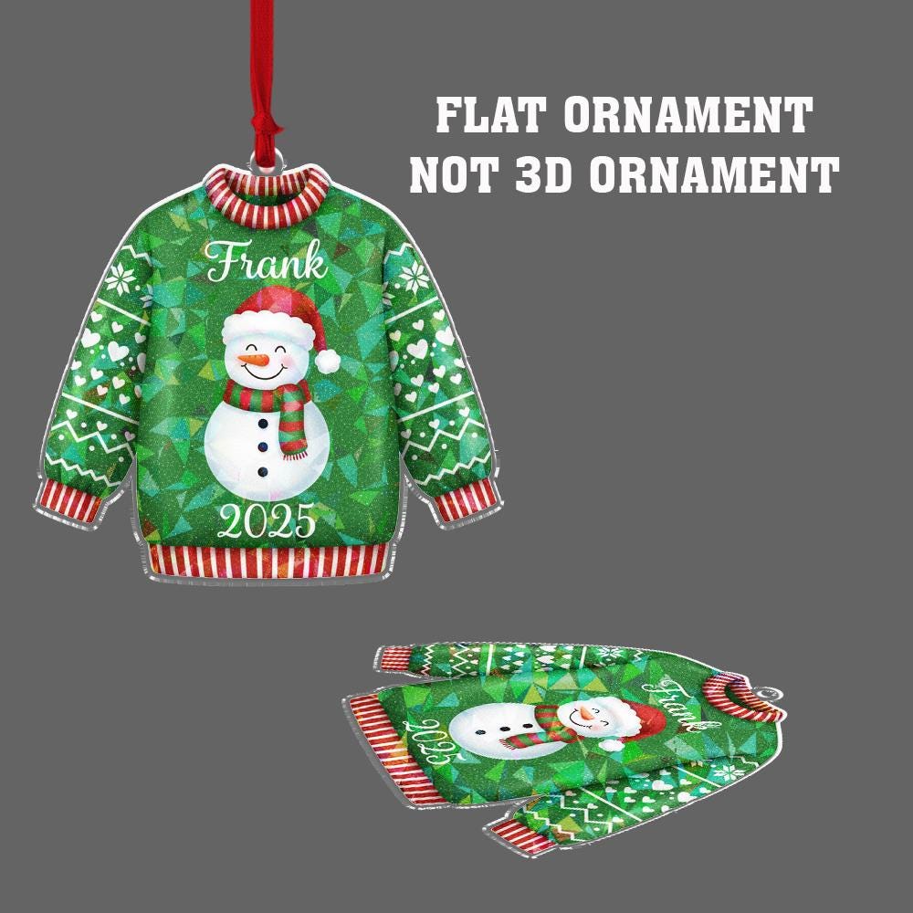 Hologram Personalized Ugly Sweater Ornament 2025 – Custom Name Snowman and Reindeer Decoration