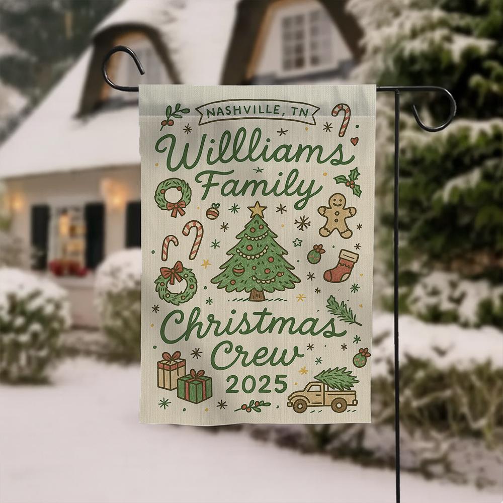 Personalized Christmas Crew Flag, Polyester Holiday Banner with Family Name