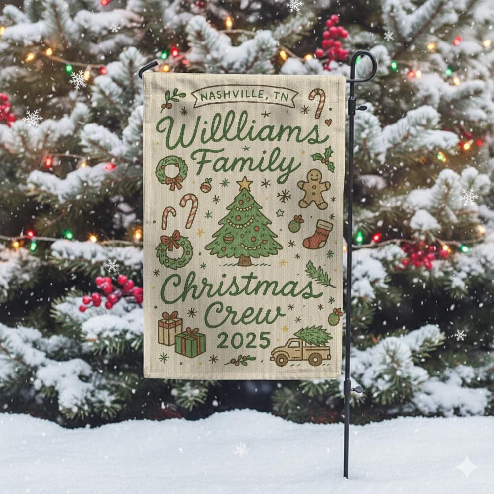 Personalized Christmas Crew Flag, Polyester Holiday Banner with Family Name