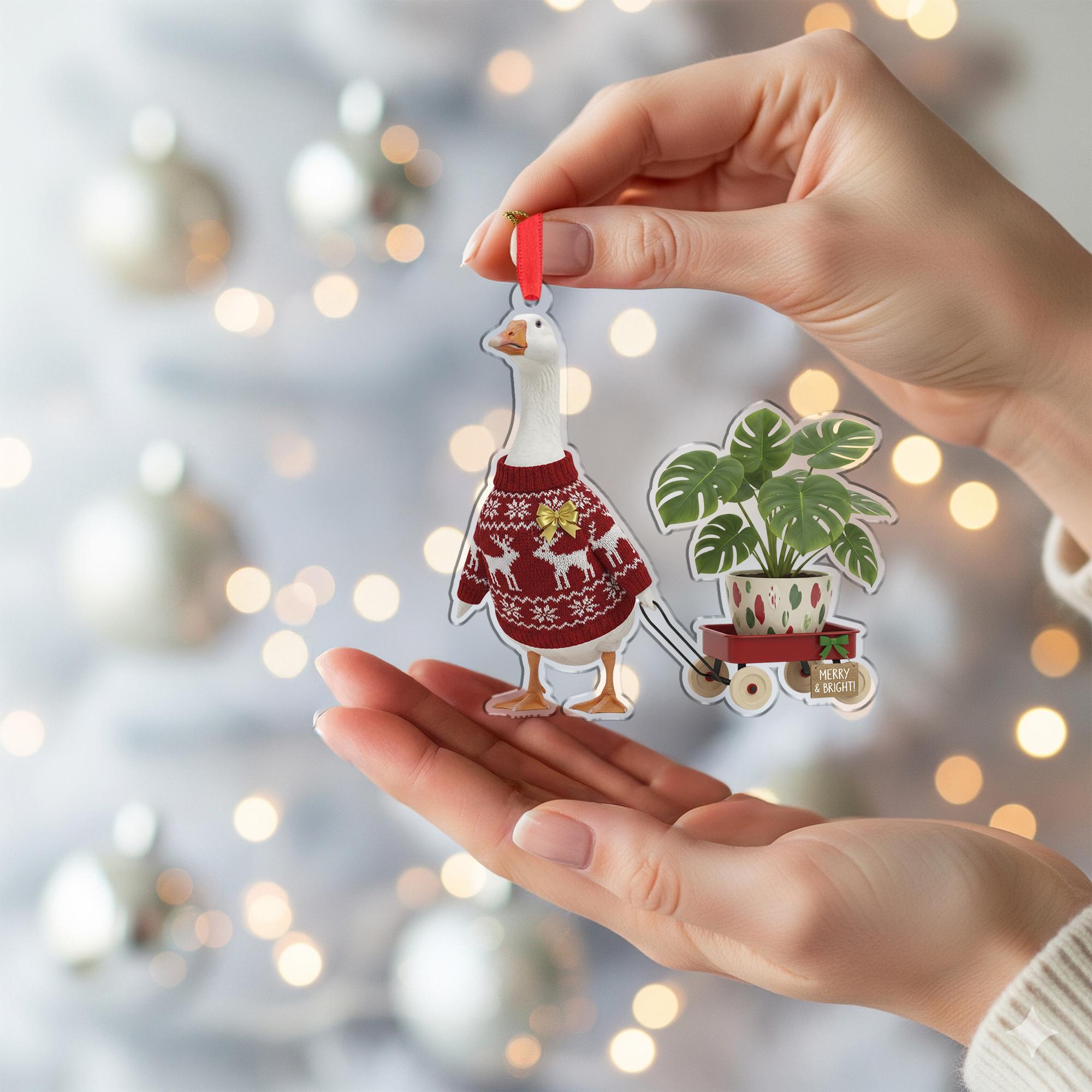 Goose Christmas Ornament, Funny Monstera Plant Holiday Tree Decor Gift