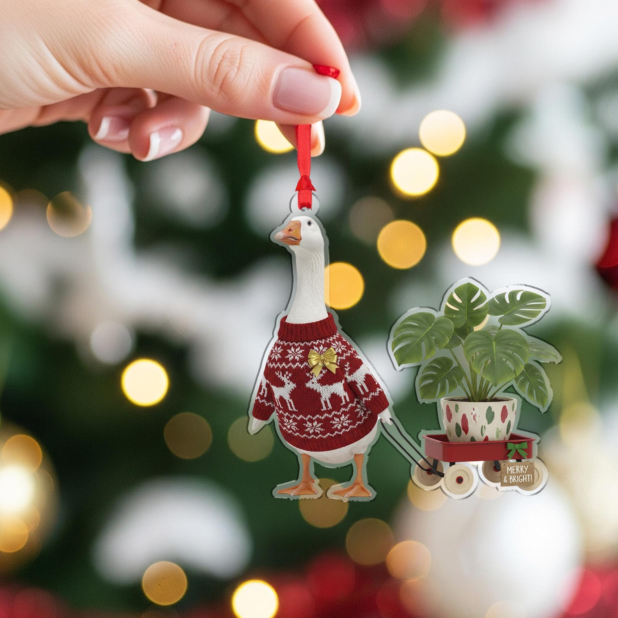 Goose Christmas Ornament, Funny Monstera Plant Holiday Tree Decor Gift