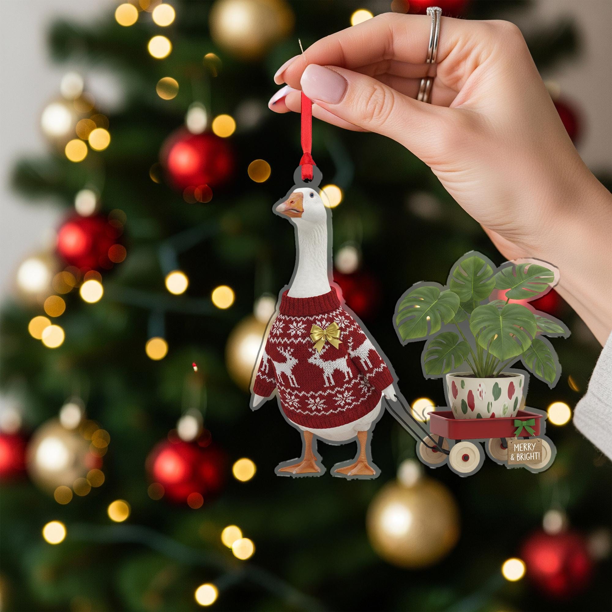 Goose Christmas Ornament, Funny Monstera Plant Holiday Tree Decor Gift