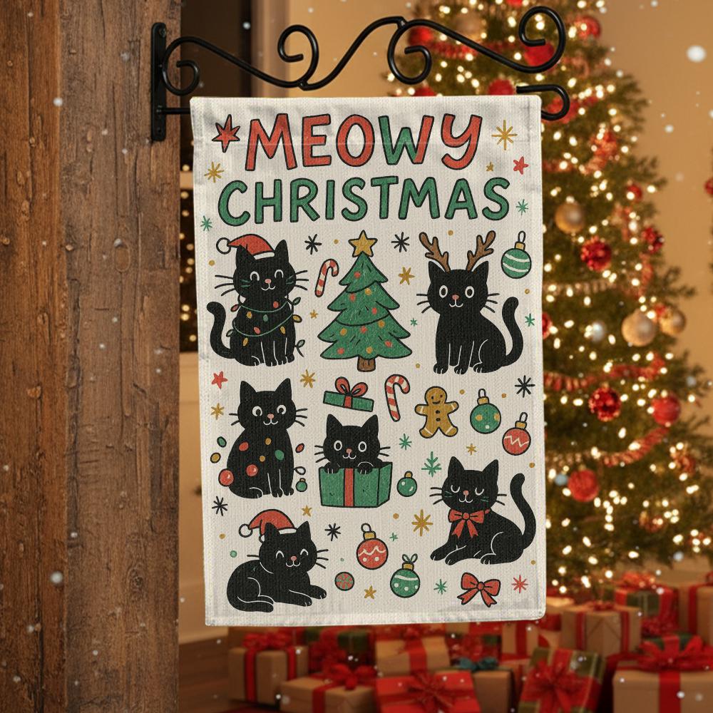Cat Christmas Flag, Polyester Holiday Banner “Meowy Christmas”