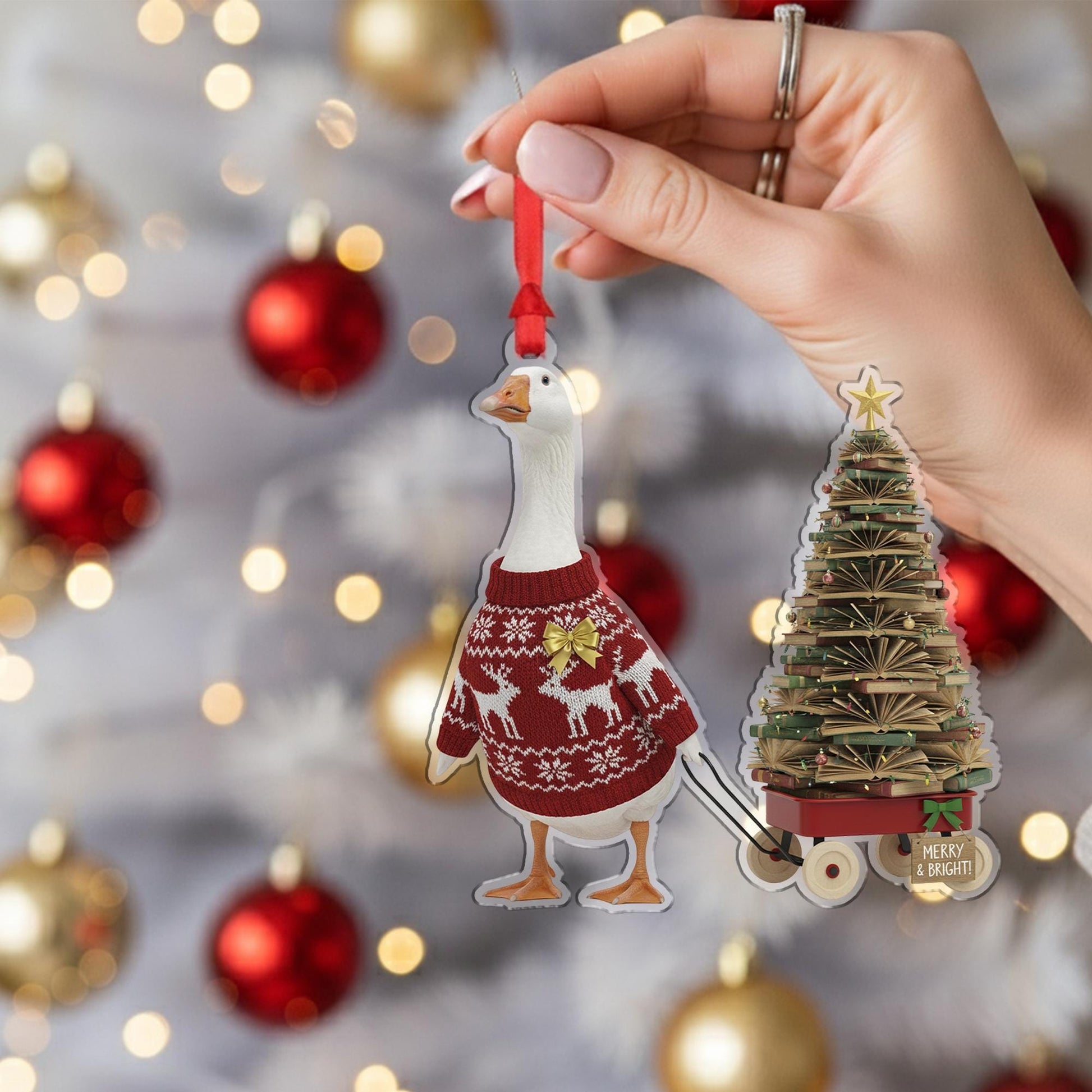 Goose Christmas Ornament, Funny Holiday Bookstack Tree Farm Animal Decor Gift”