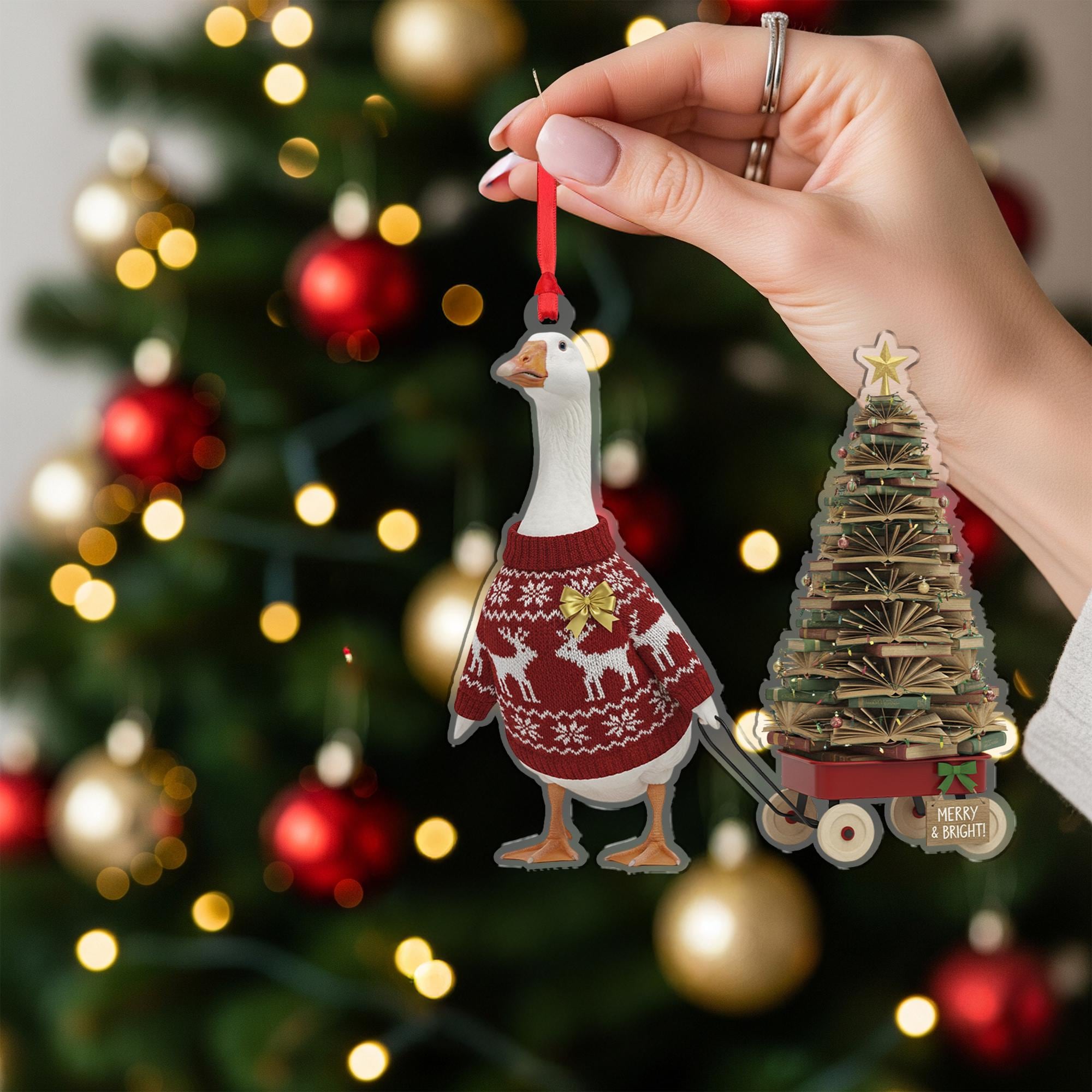 Goose Christmas Ornament, Funny Holiday Bookstack Tree Farm Animal Decor Gift”