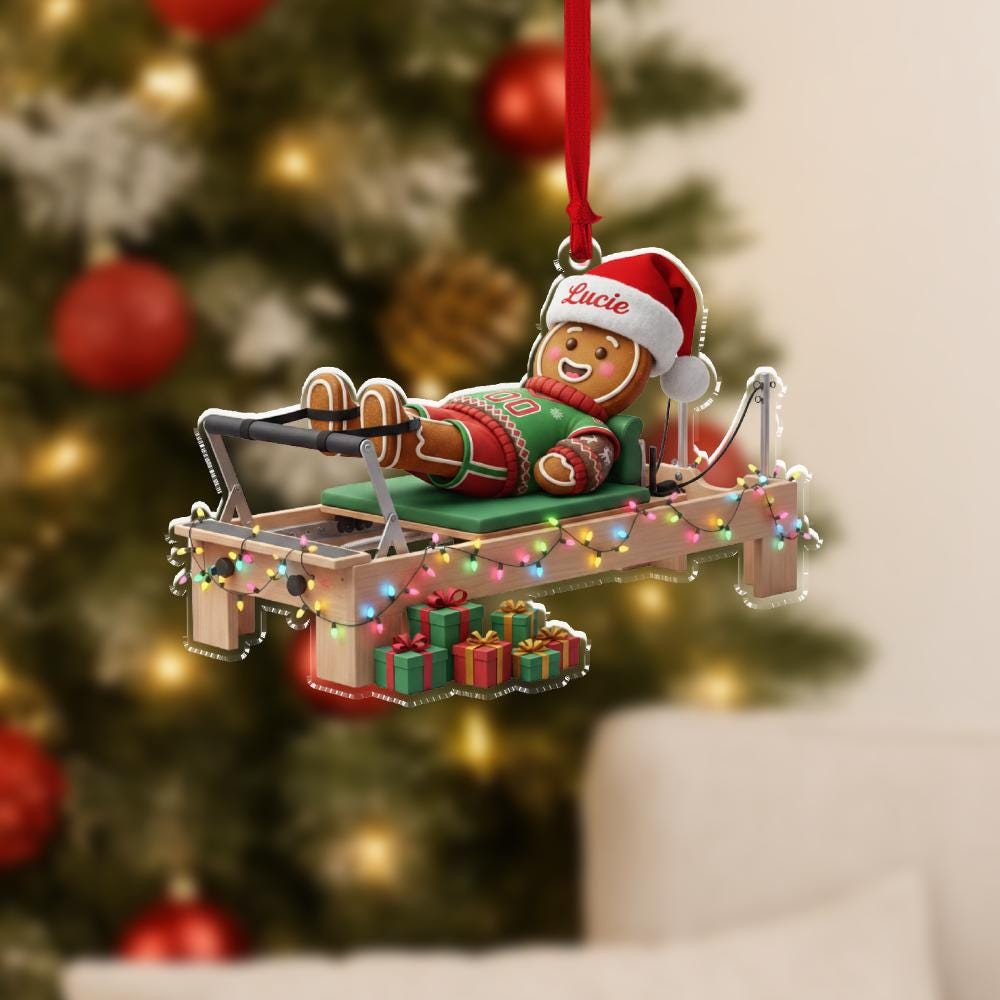 Personalized Gingerbread Pilates Ornament 2025 – Custom Name Christmas Reformer Decoration for Tree Display
