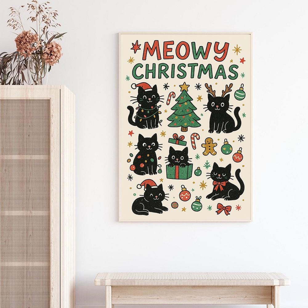 Cat Christmas Poster, “Meowy Christmas” Wall Art, Printed Holiday Decoration