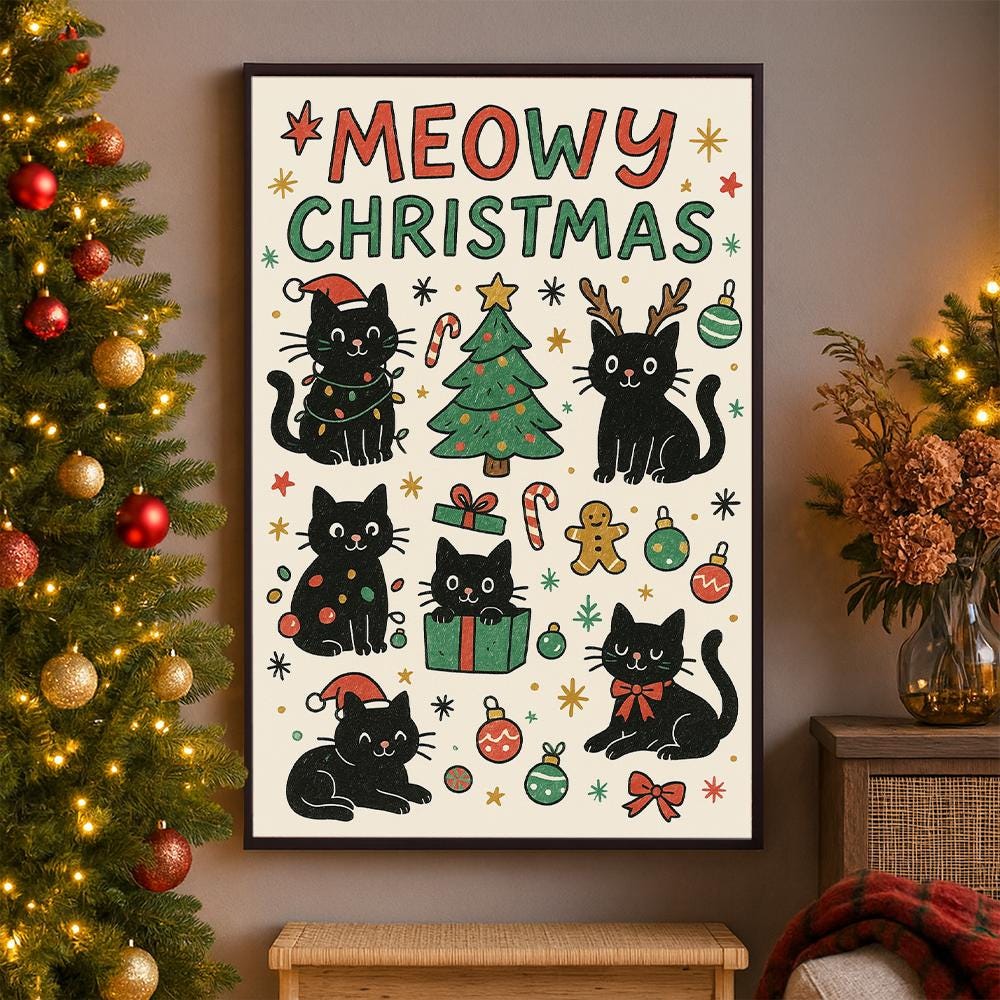 Cat Christmas Poster, “Meowy Christmas” Wall Art, Printed Holiday Decoration