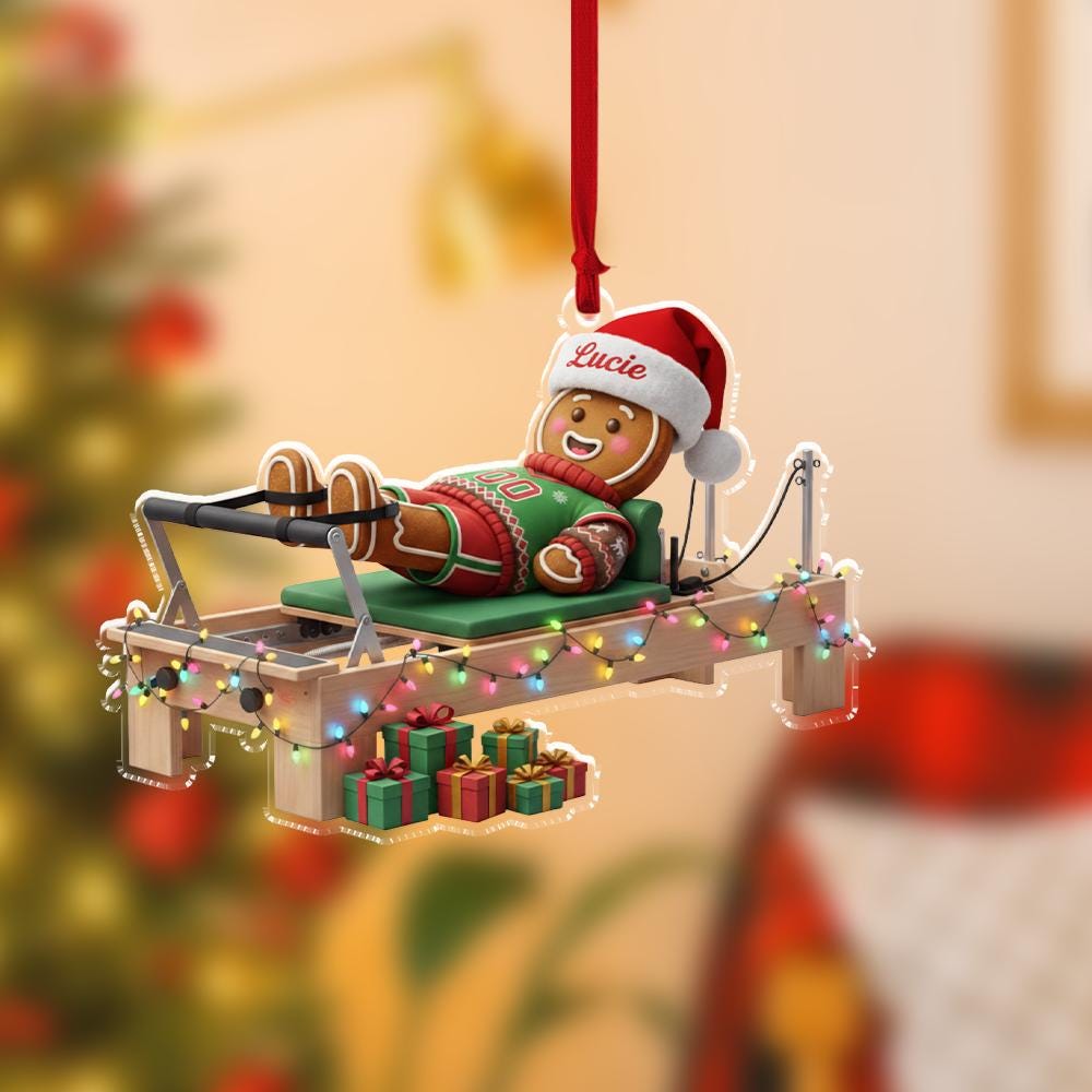 Personalized Gingerbread Pilates Ornament 2025 – Custom Name Christmas Reformer Decoration for Tree Display