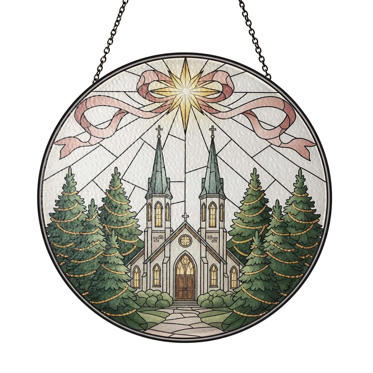 Glass Suncatcher: Church Window Scene with Star and Trees