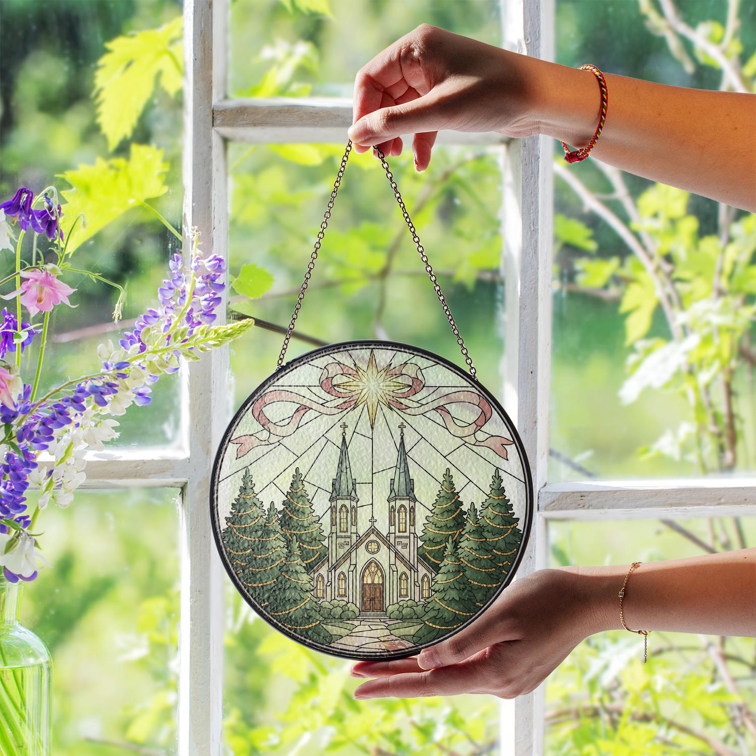 Glass Suncatcher: Church Window Scene with Star and Trees