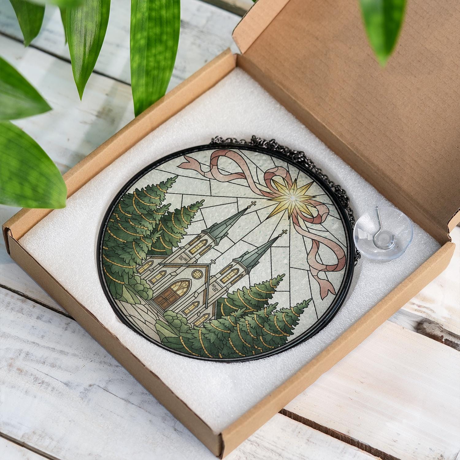 Glass Suncatcher: Church Window Scene with Star and Trees