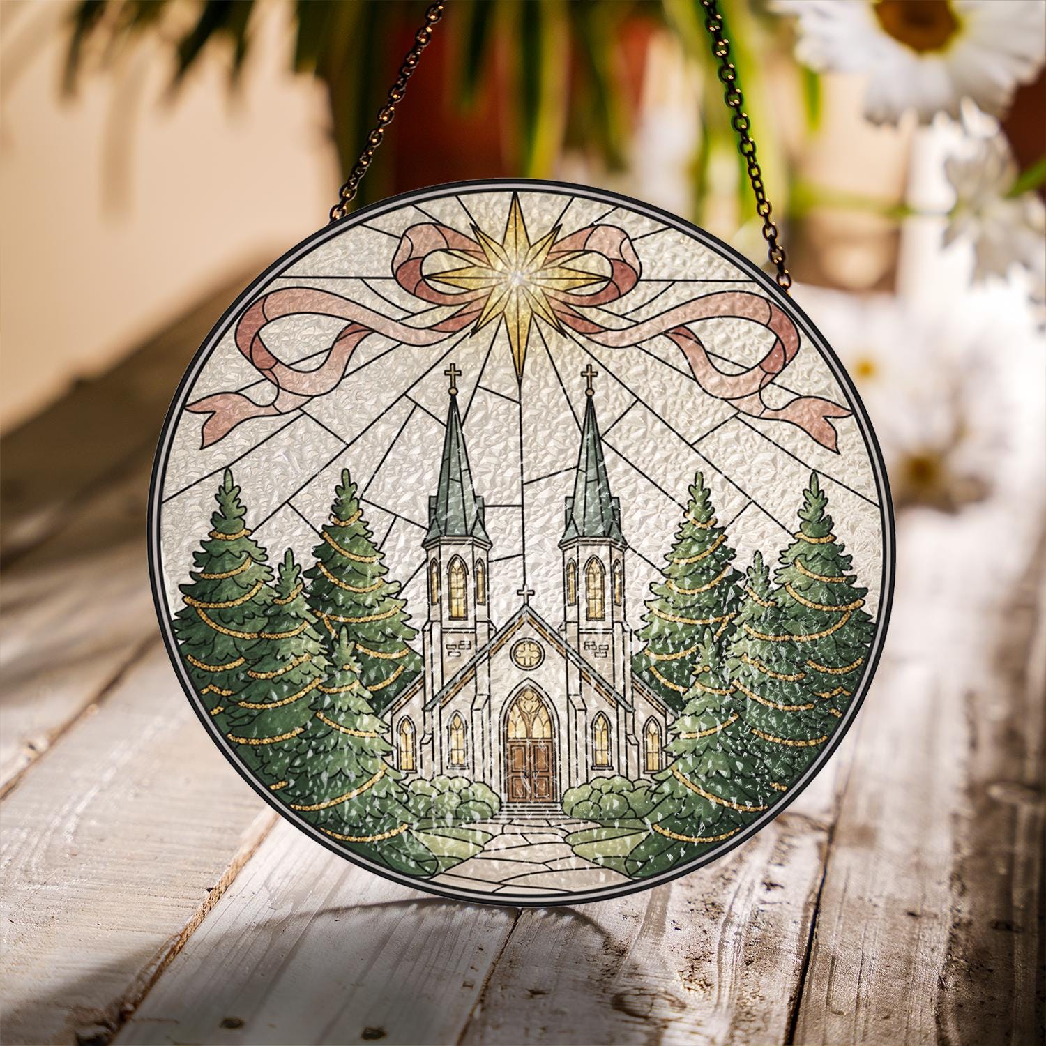 Glass Suncatcher: Church Window Scene with Star and Trees