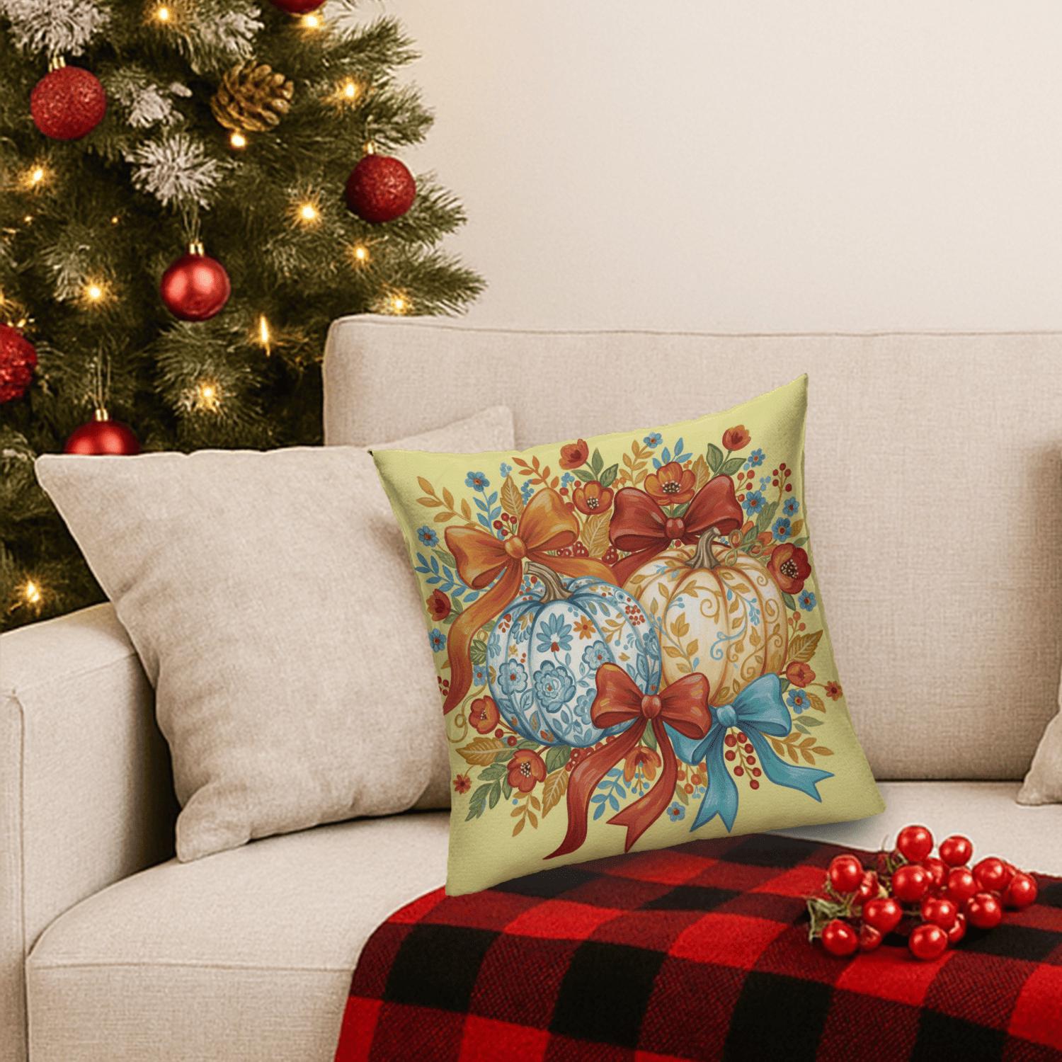Thanksgiving Pumpkin Pillow – Fall Floral Bow Cushion for Sofa or Autumn Home Decoration