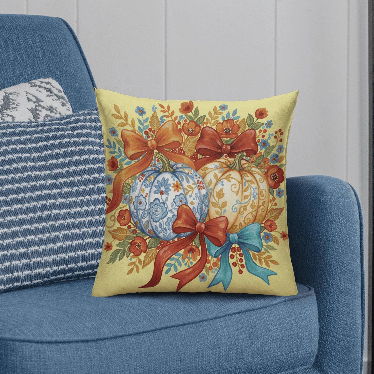 Thanksgiving Pumpkin Pillow – Fall Floral Bow Cushion for Sofa or Autumn Home Decoration