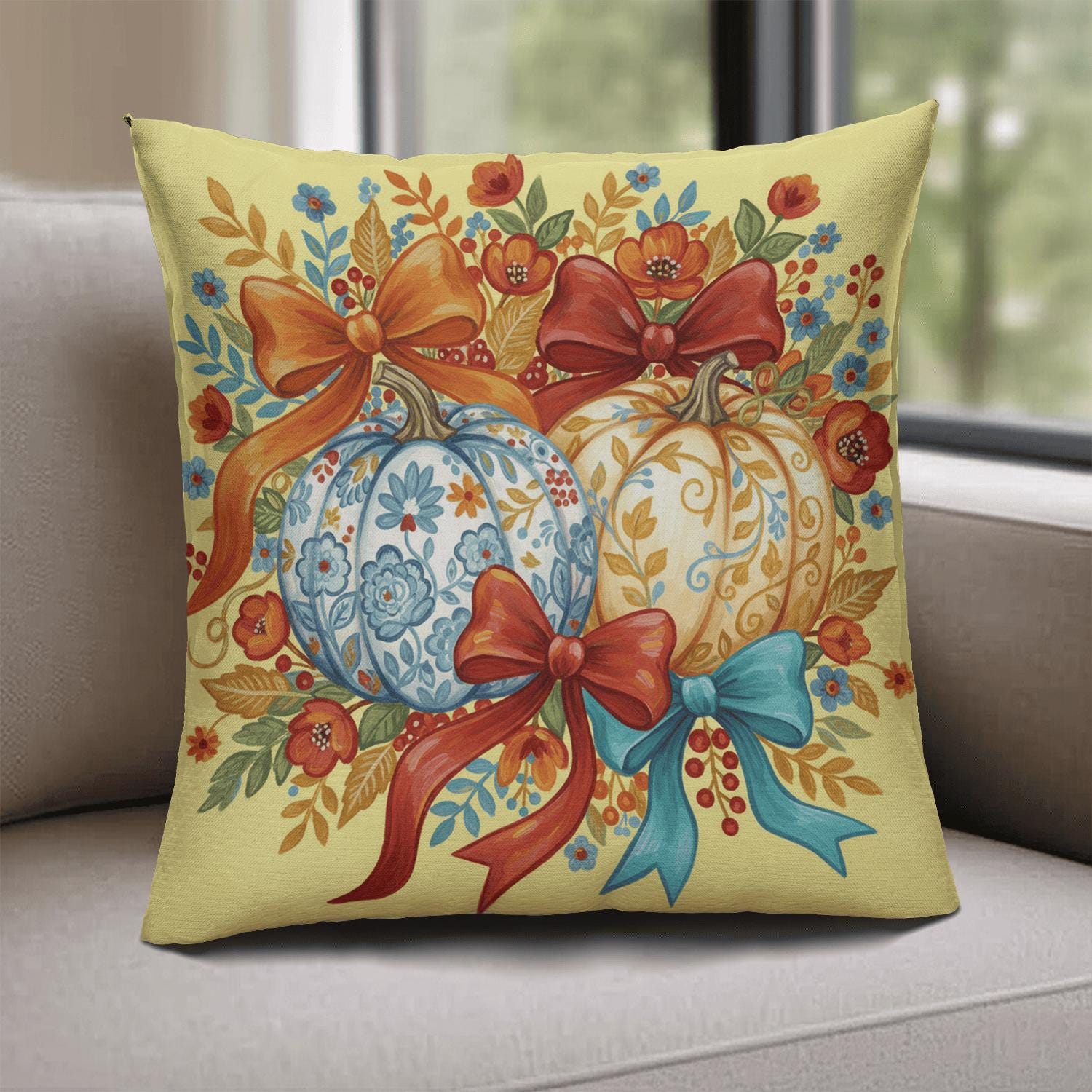 Thanksgiving Pumpkin Pillow – Fall Floral Bow Cushion for Sofa or Autumn Home Decoration