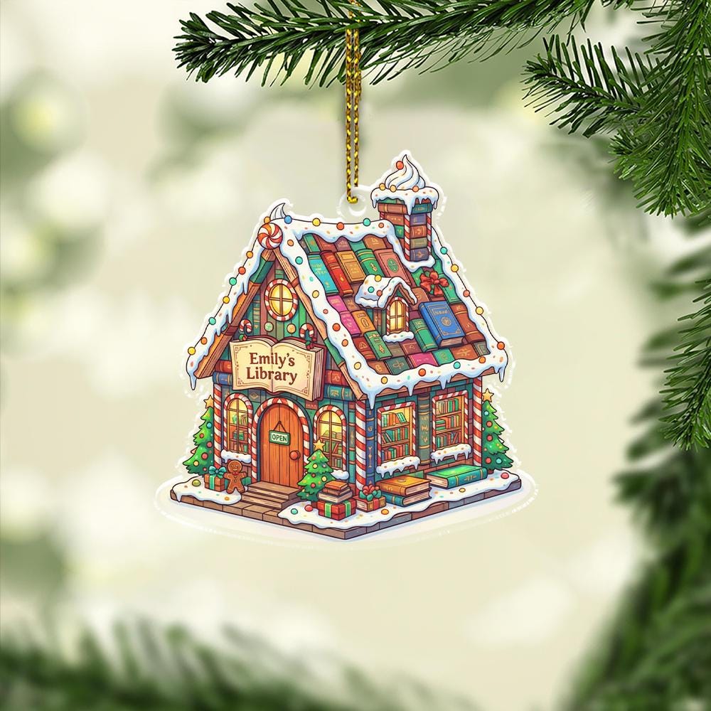 Personalized Gingerbread Library House Ornament Custom Library Christmas Tree Decoration