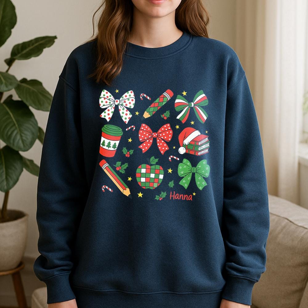 Christmas Sweatshirt, Cotton Holiday Crewneck with Bows and Festive Icons