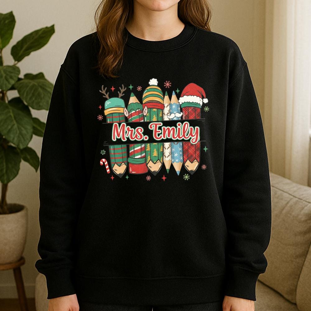 Personalized Teacher Christmas Sweatshirt, Cotton Holiday Crewneck with Festive Pencil Design