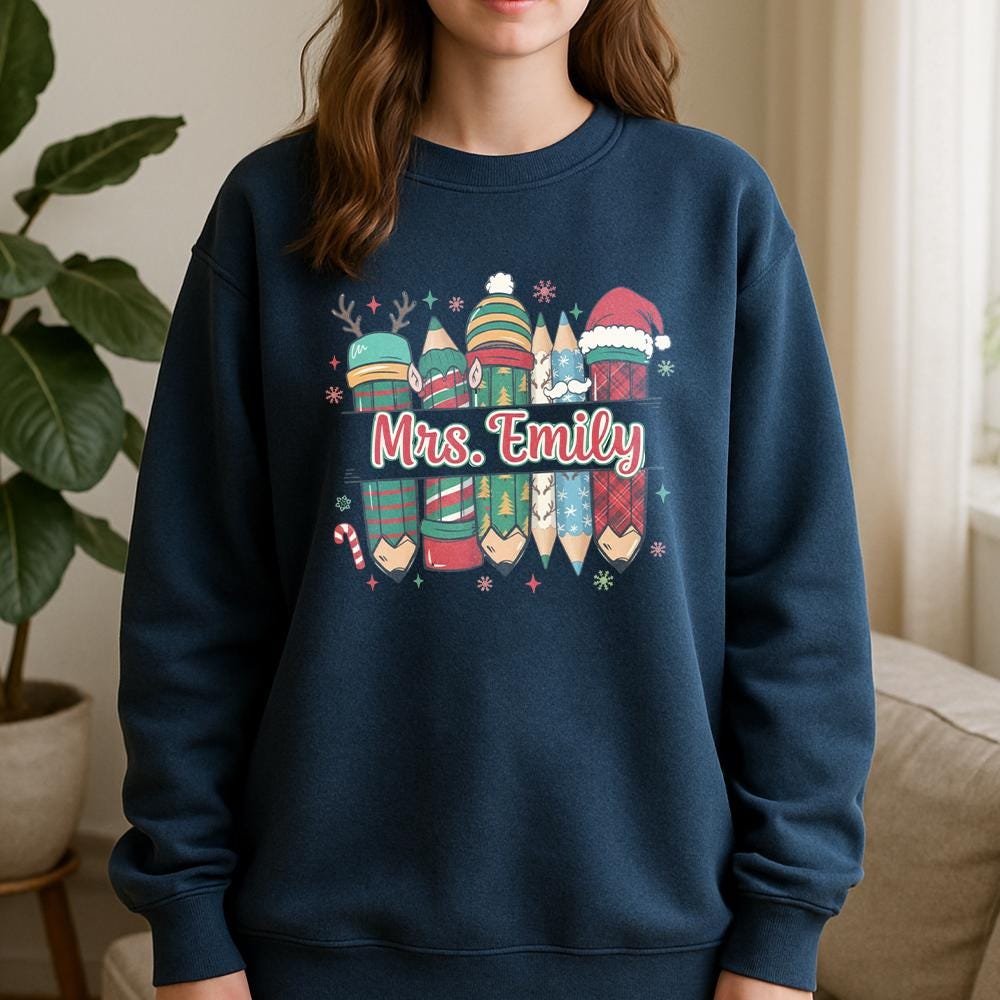 Personalized Teacher Christmas Sweatshirt, Cotton Holiday Crewneck with Festive Pencil Design