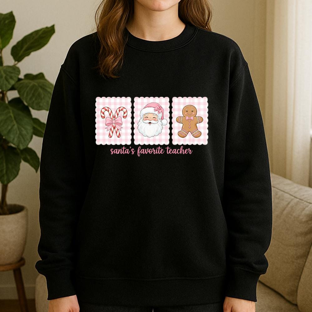 Teacher Christmas Sweatshirt, Cotton Holiday Crewneck with Santa and Gingerbread Design