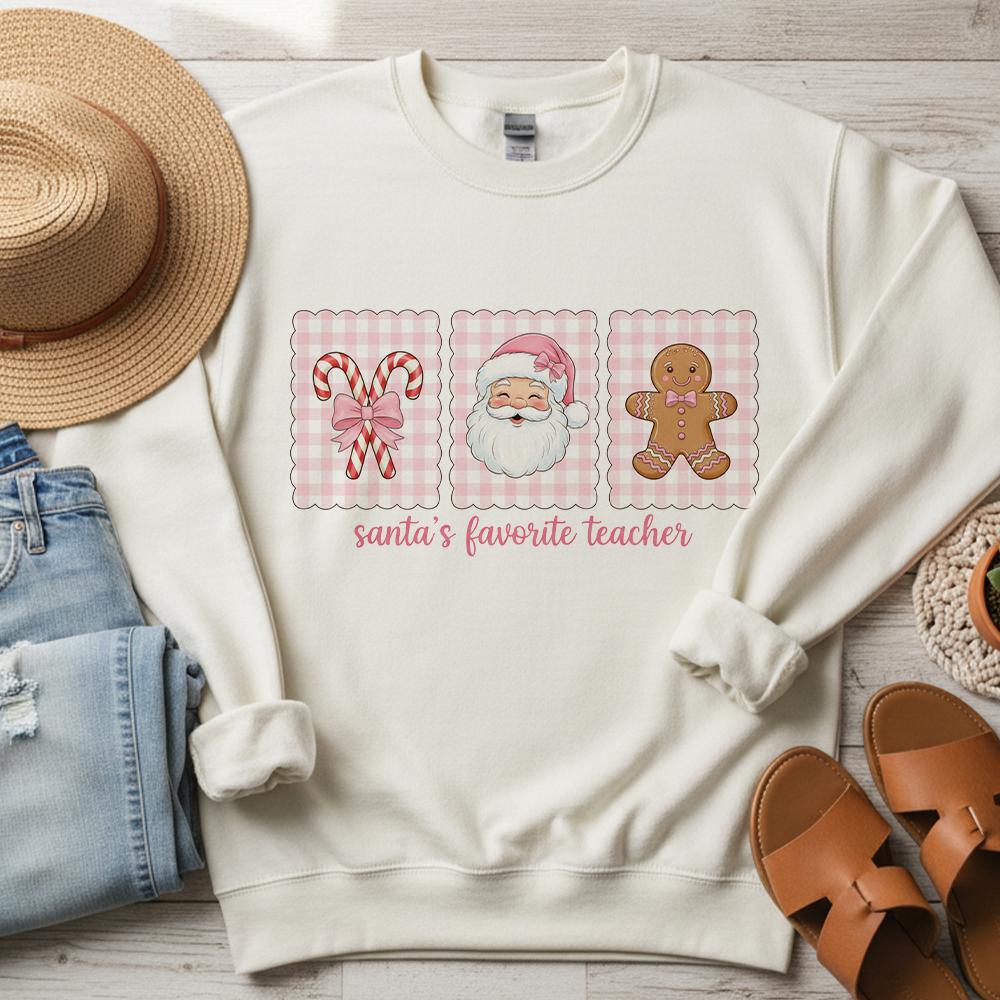 Teacher Christmas Sweatshirt, Cotton Holiday Crewneck with Santa and Gingerbread Design