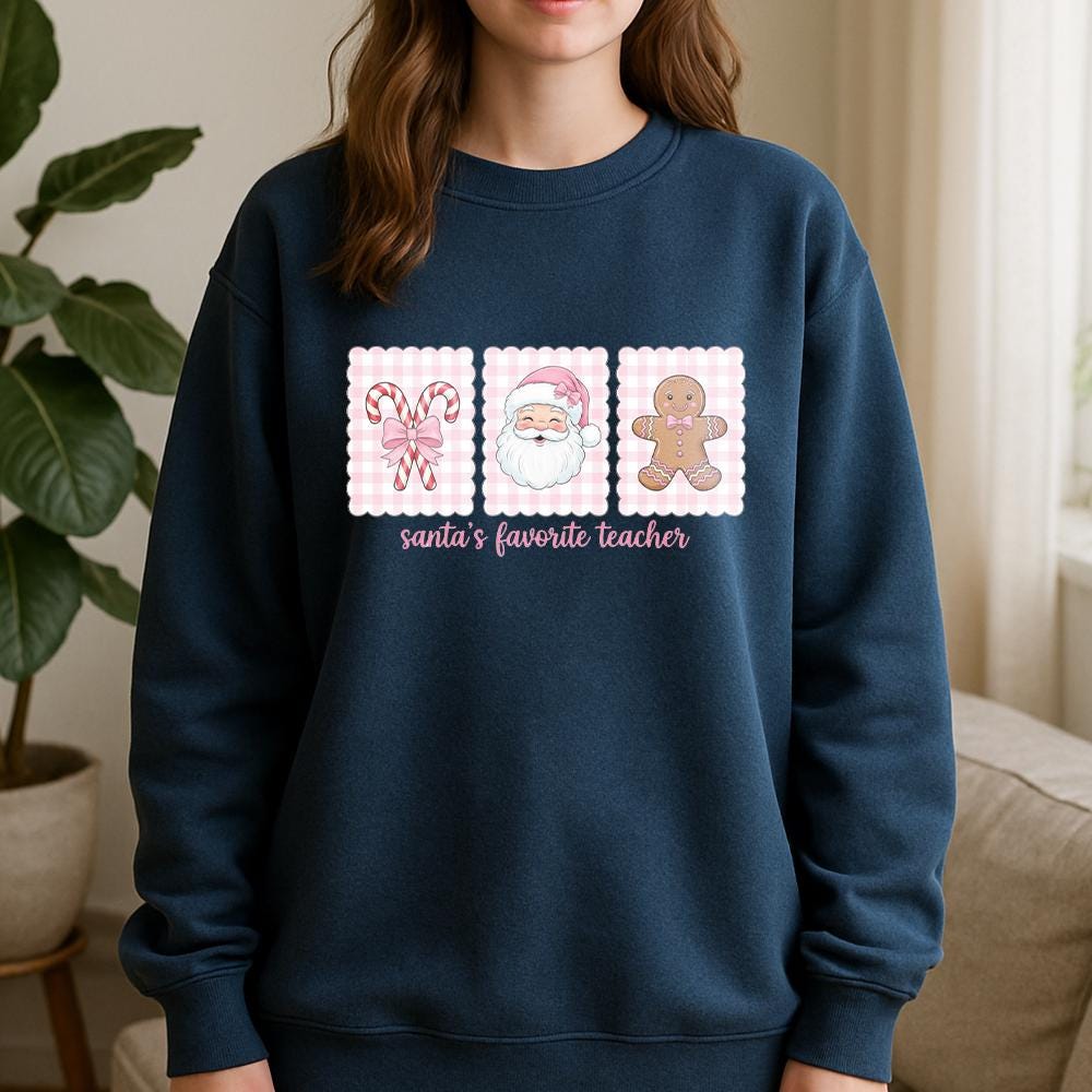 Teacher Christmas Sweatshirt, Cotton Holiday Crewneck with Santa and Gingerbread Design