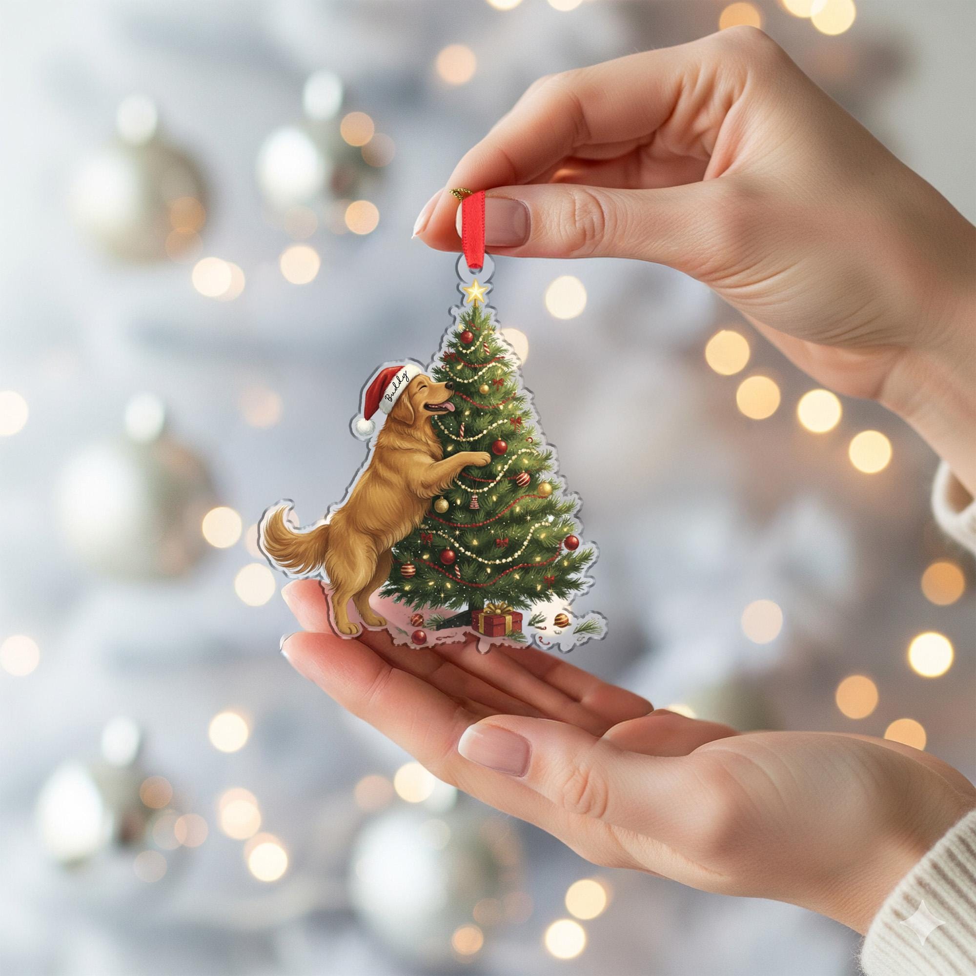 Personalized Dog Christmas Ornament – Golden Retriever with Santa Hat and Holiday Tree
