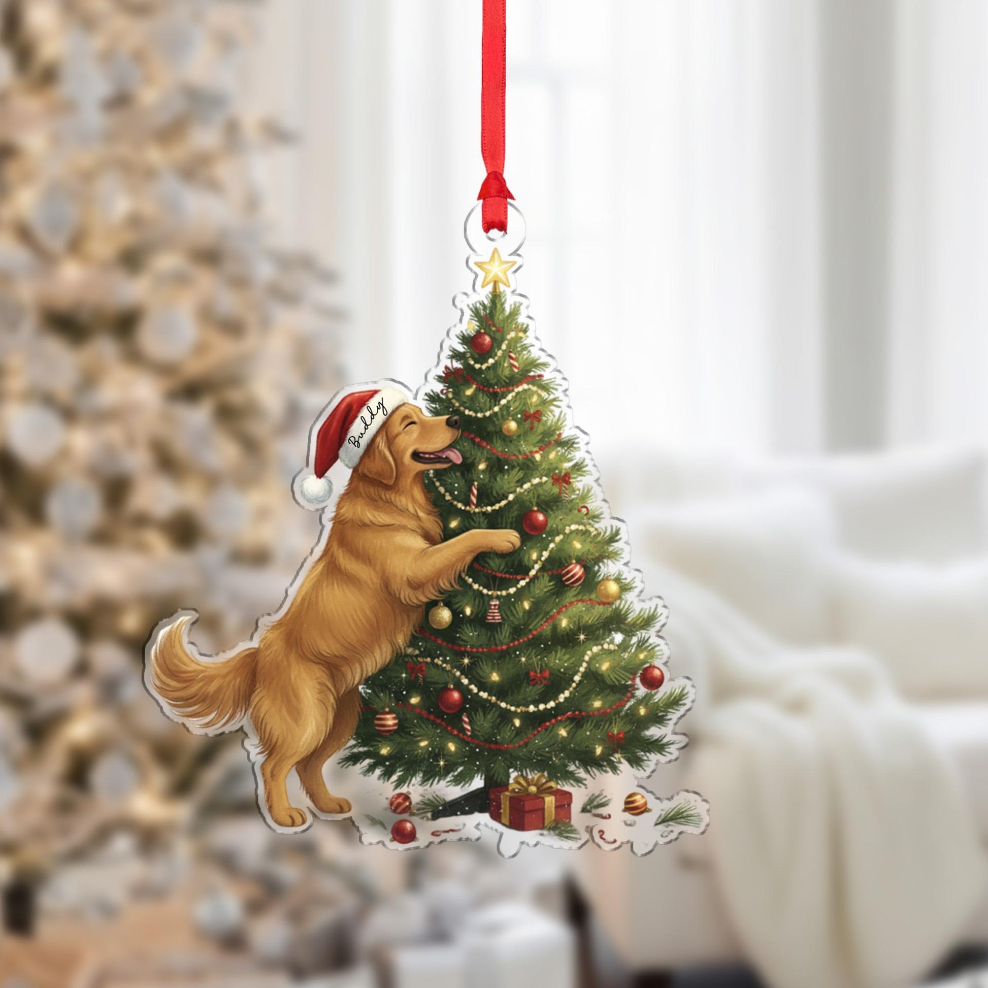 Personalized Dog Christmas Ornament – Golden Retriever with Santa Hat and Holiday Tree