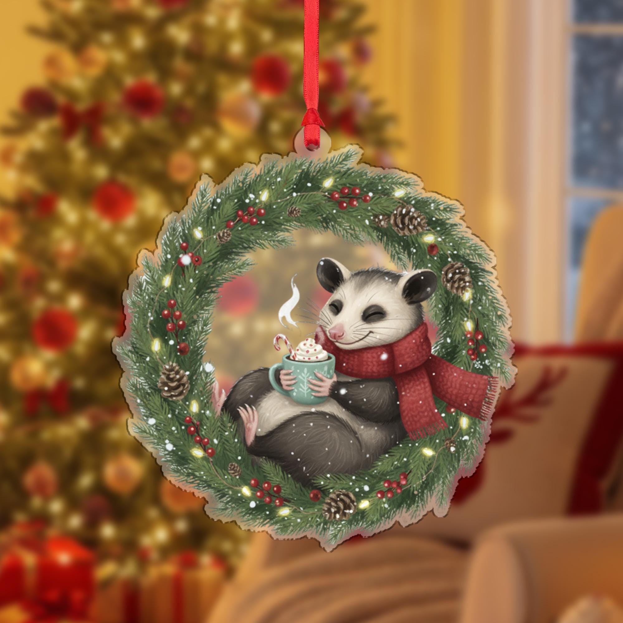 Possum Christmas Ornament – Woodland Animal in Wreath with Scarf and Hot Cocoa