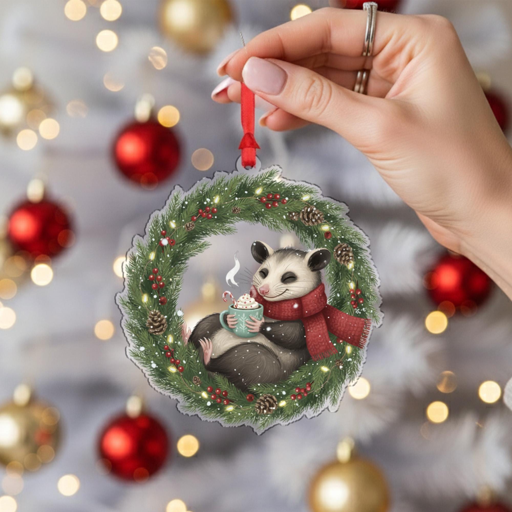 Possum Christmas Ornament – Woodland Animal in Wreath with Scarf and Hot Cocoa