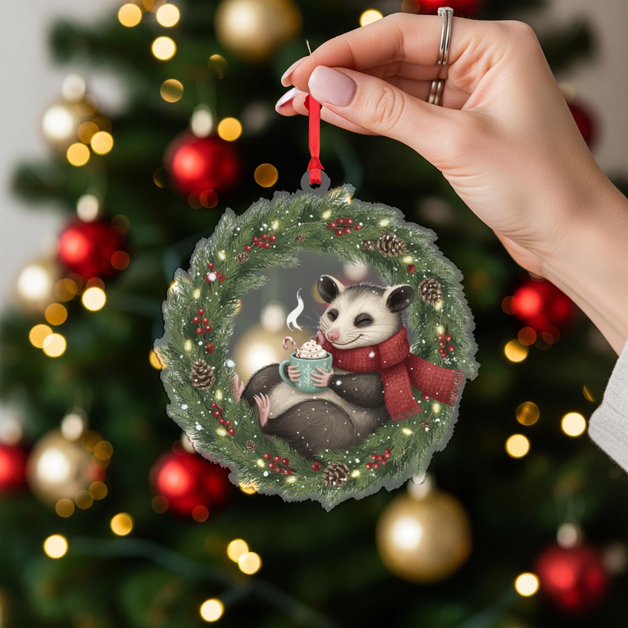 Possum Christmas Ornament – Woodland Animal in Wreath with Scarf and Hot Cocoa