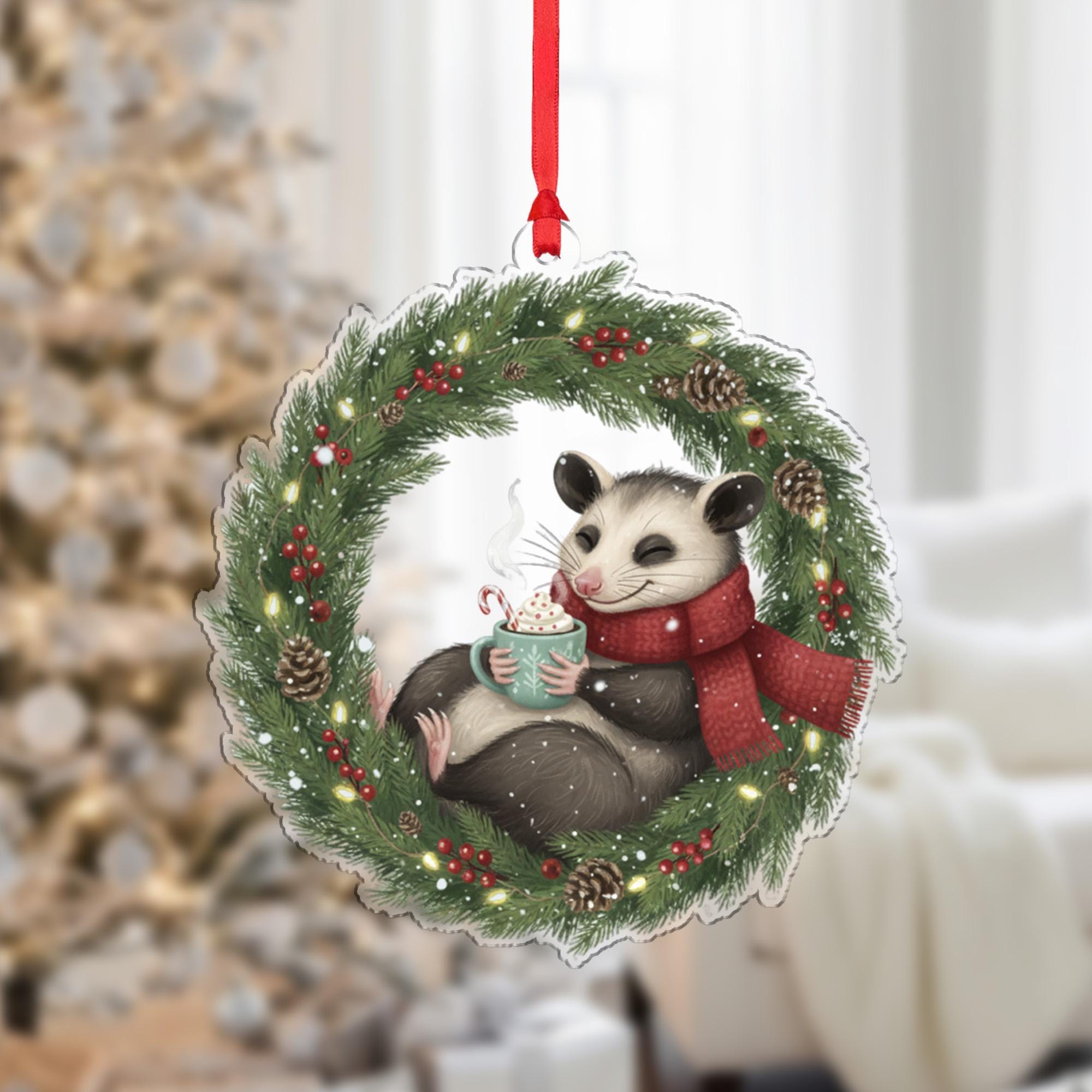 Possum Christmas Ornament – Woodland Animal in Wreath with Scarf and Hot Cocoa