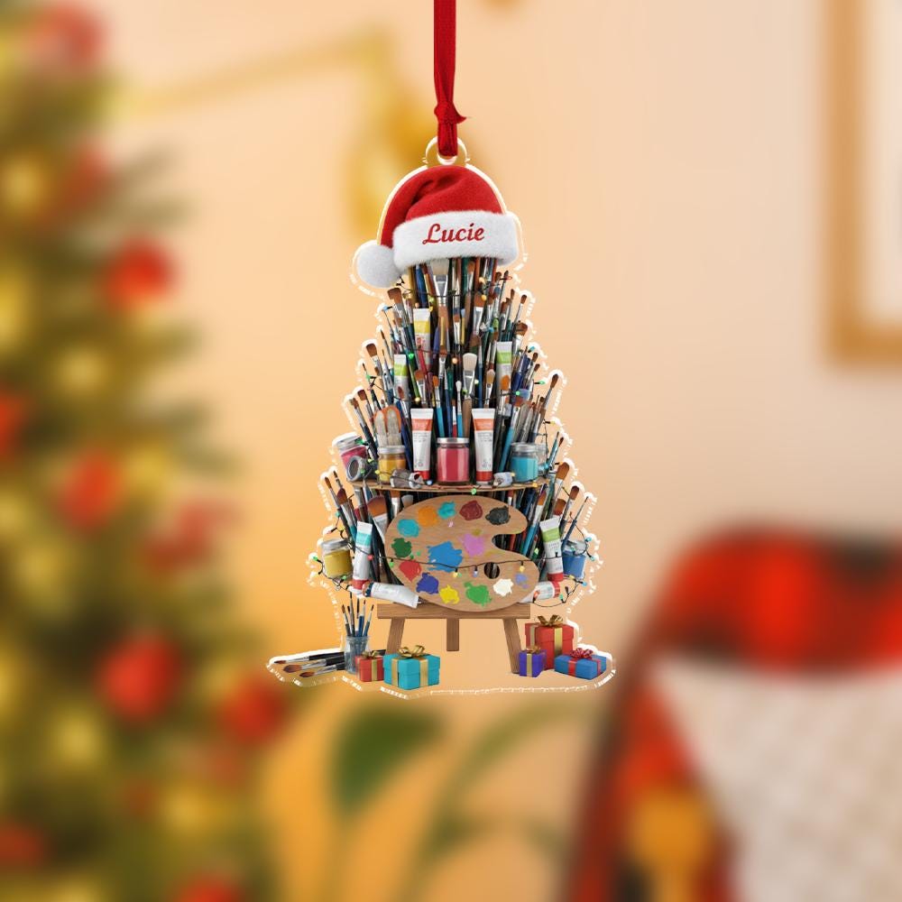 Personalized Artist Ornament, Acrylic Paint Brush Tree Design for Christmas Decoration
