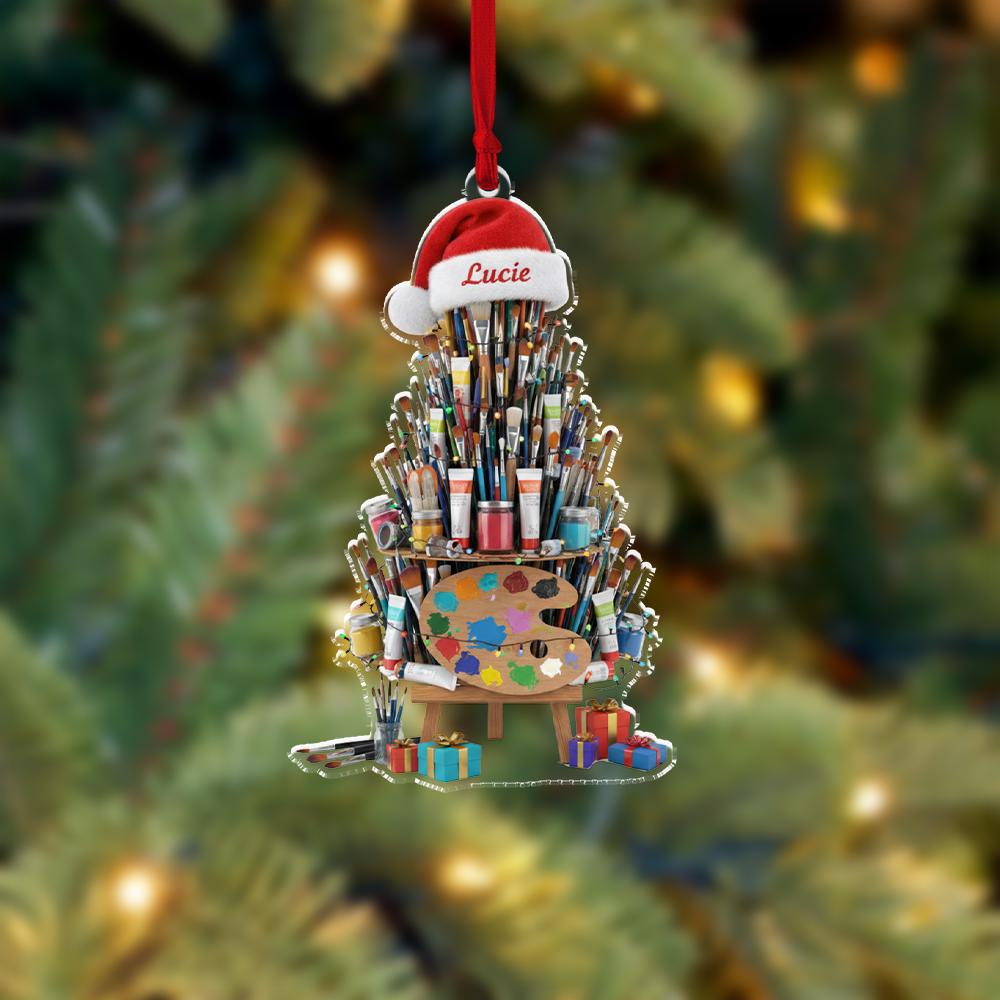 Personalized Artist Ornament, Acrylic Paint Brush Tree Design for Christmas Decoration