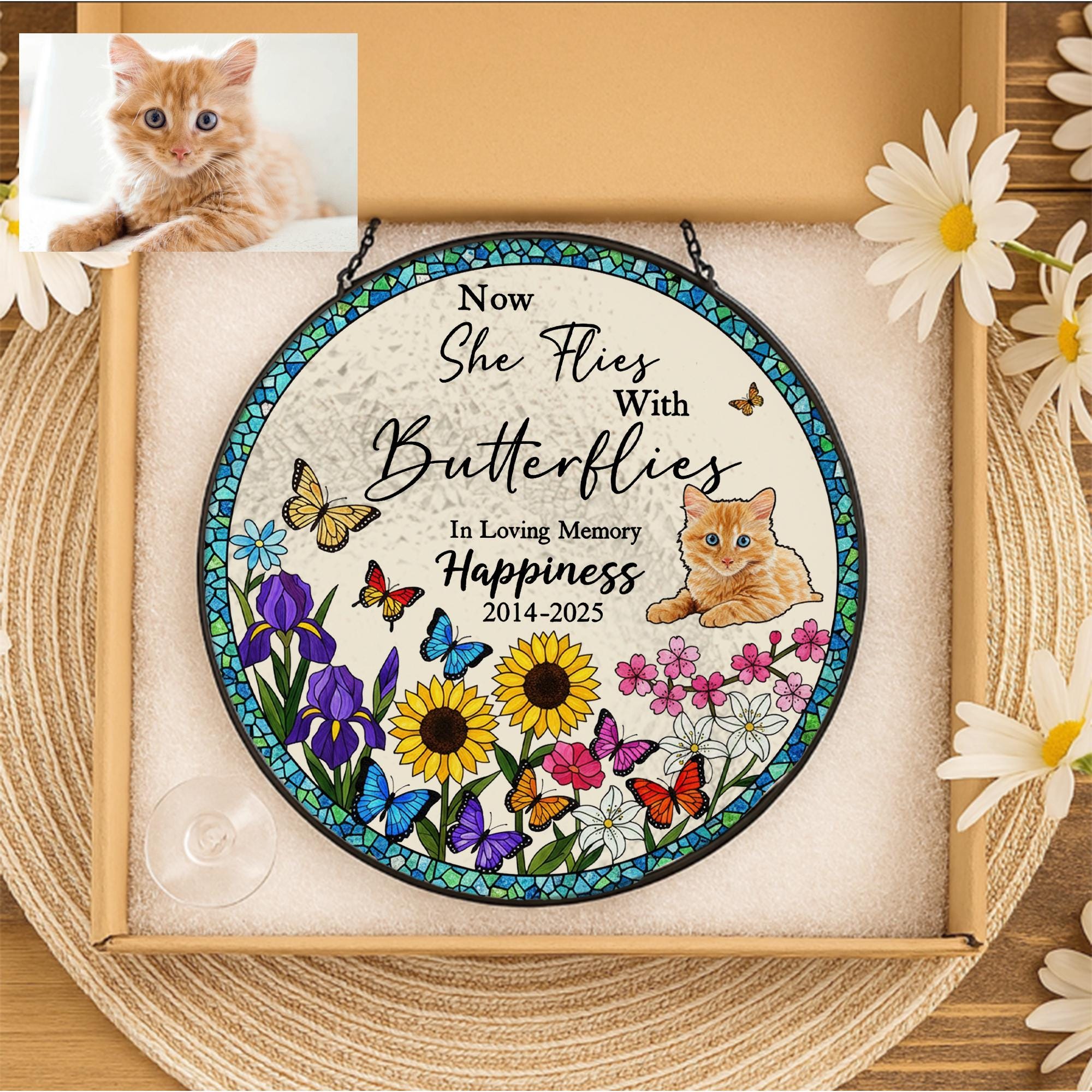 Personalized Cat Memorial Suncatcher – Glass Window Hanging with Butterflies and Flowers