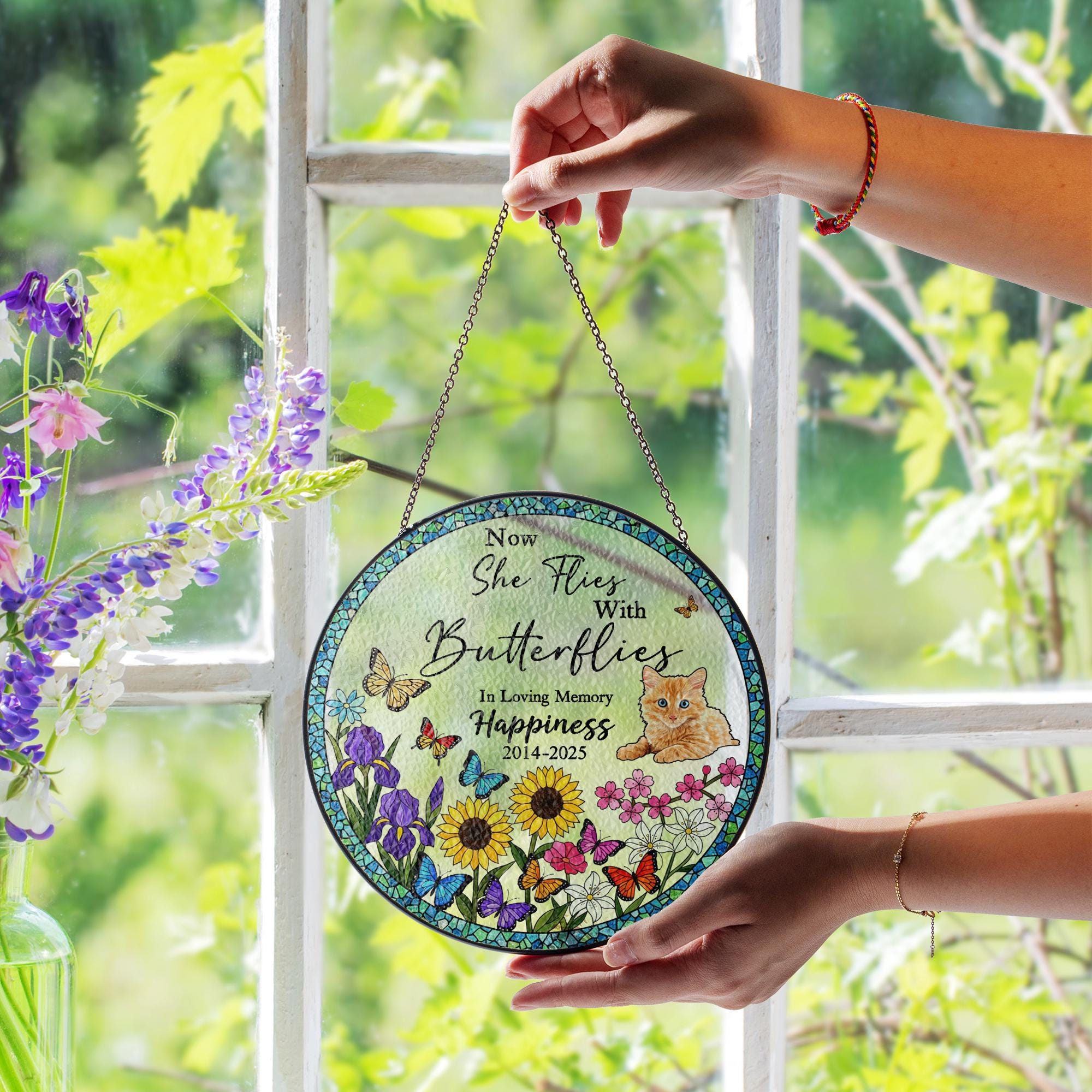 Personalized Cat Memorial Suncatcher – Glass Window Hanging with Butterflies and Flowers