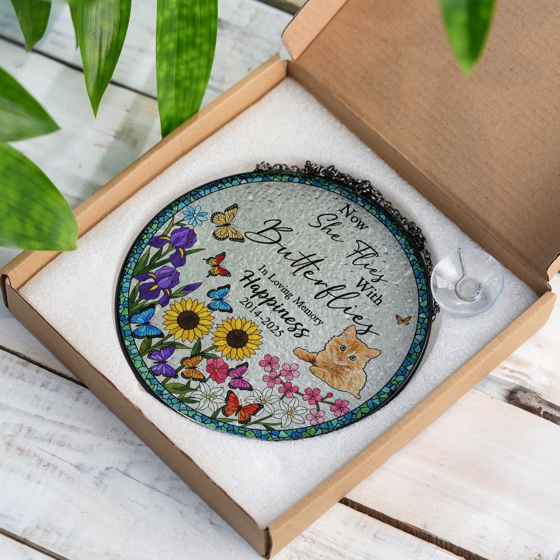 Personalized Cat Memorial Suncatcher – Glass Window Hanging with Butterflies and Flowers