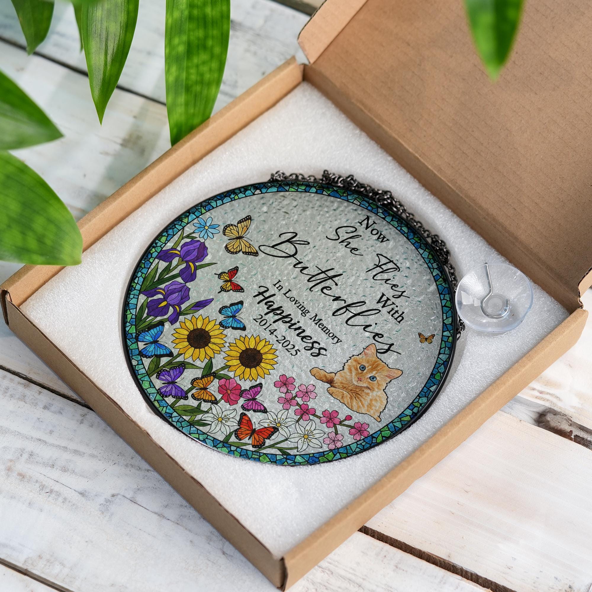 Personalized Cat Memorial Suncatcher – Glass Window Hanging with Butterflies and Flowers