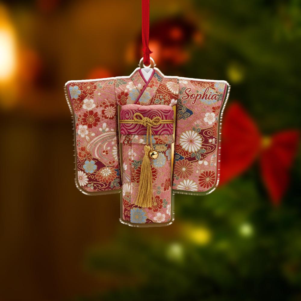 Personalized Kimono Ornament, Acrylic Hanging Decoration with Floral Pattern and Tassel