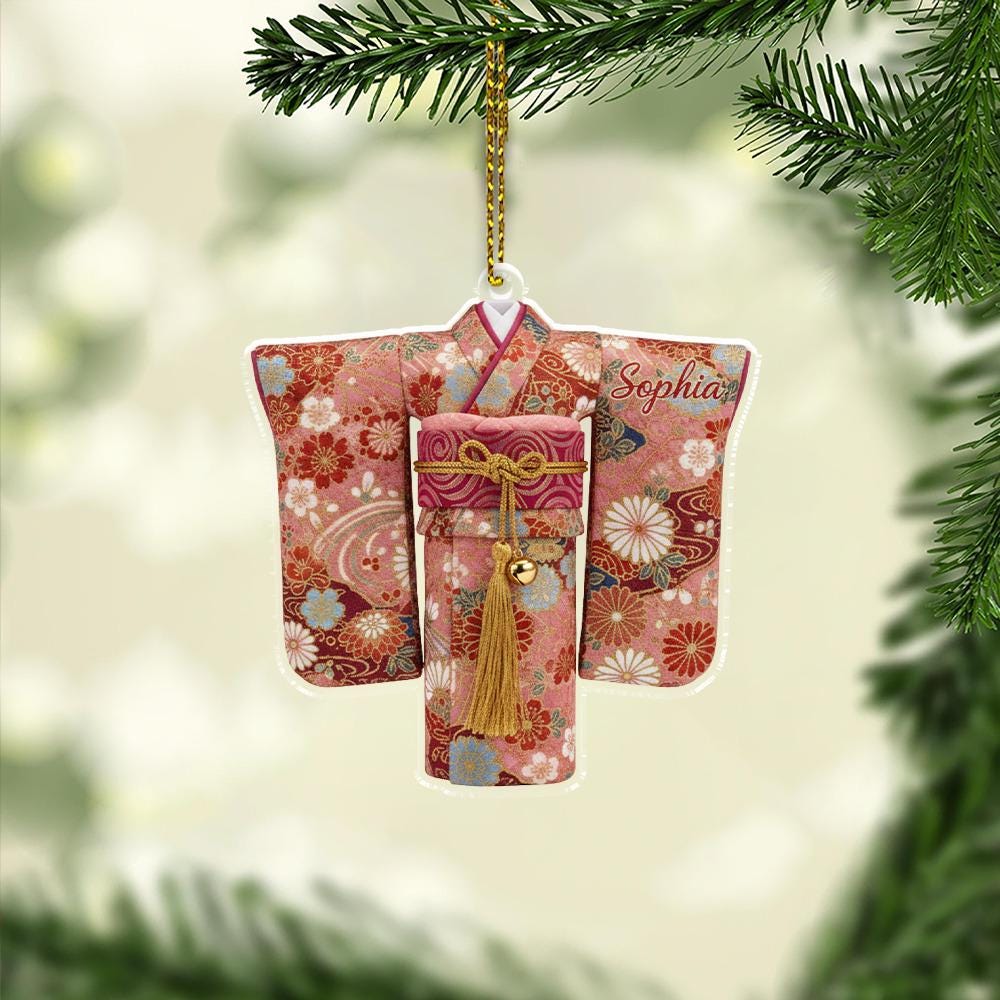 Personalized Kimono Ornament, Acrylic Hanging Decoration with Floral Pattern and Tassel