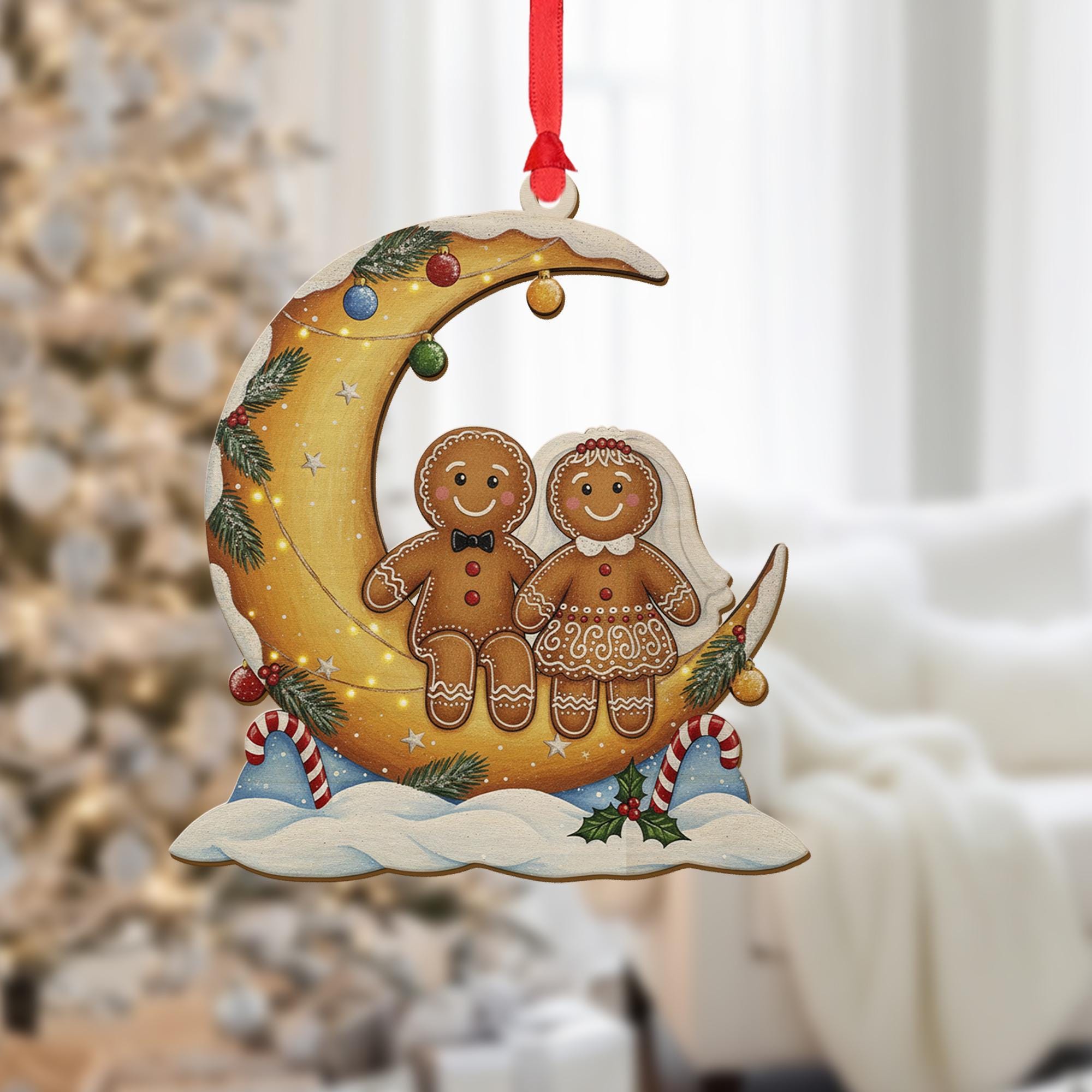 Wood Gingerbread Ornament – Moon Design Hanging with Holiday Details
