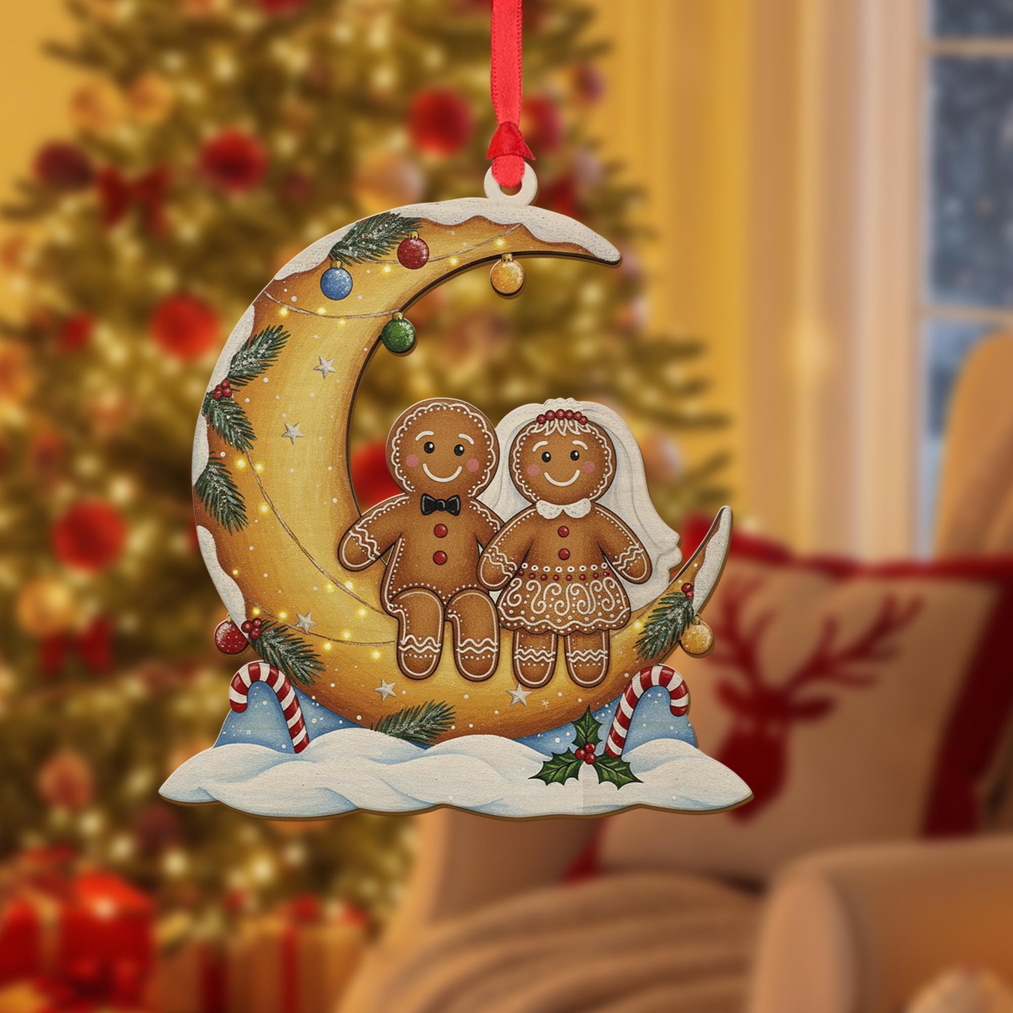 Wood Gingerbread Ornament – Moon Design Hanging with Holiday Details