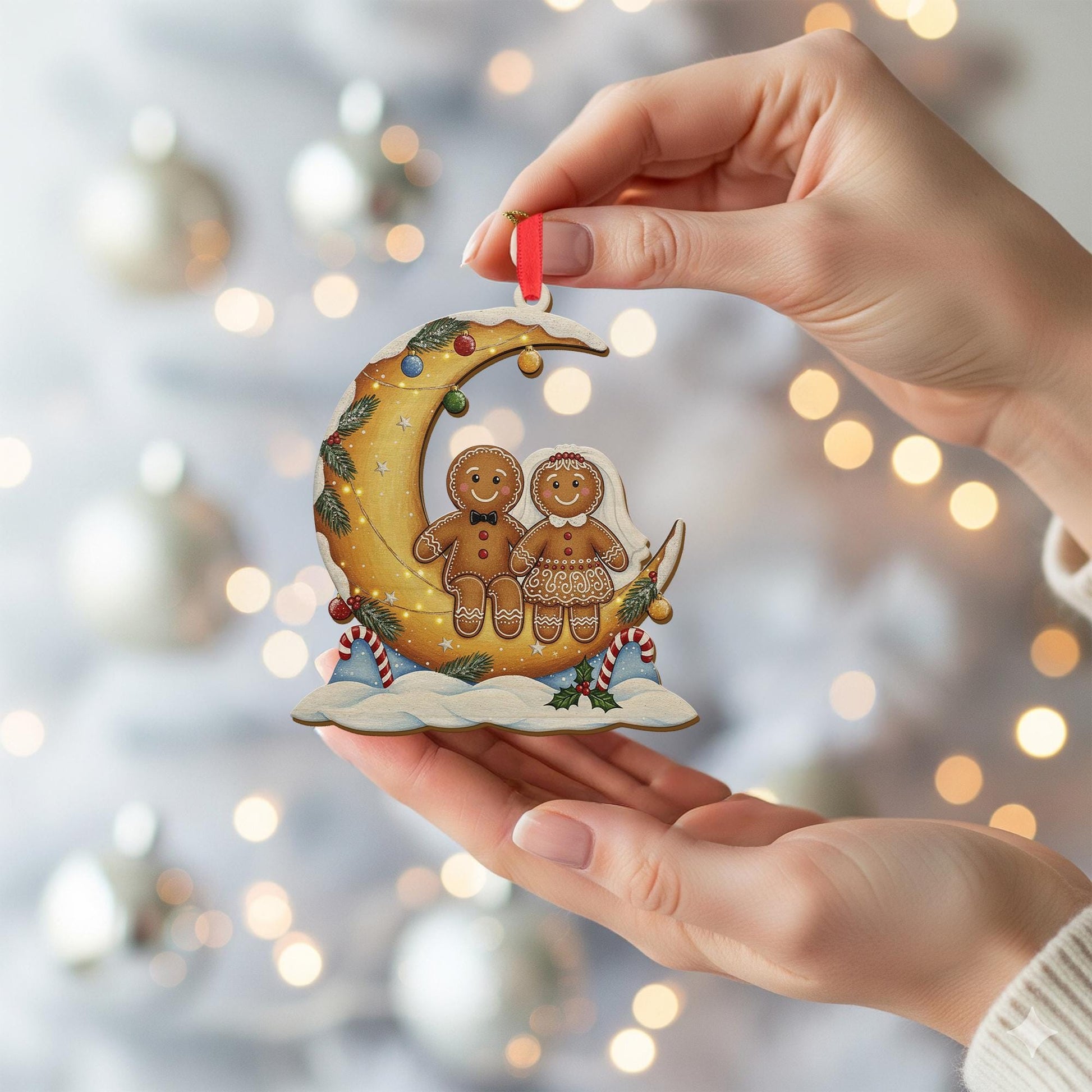 Wood Gingerbread Ornament – Moon Design Hanging with Holiday Details