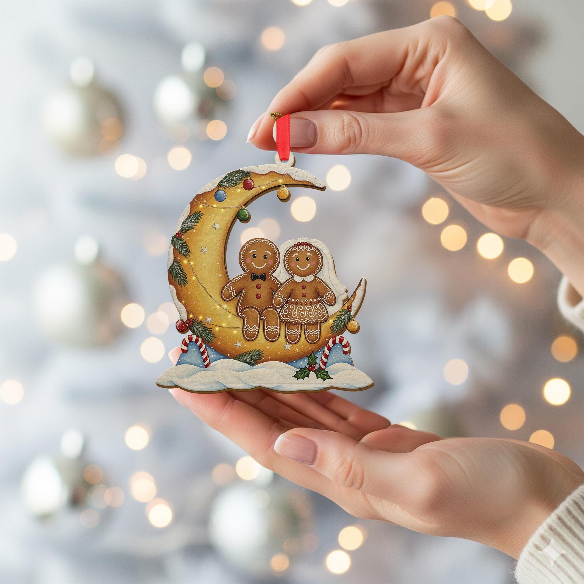 Wood Gingerbread Ornament – Moon Design Hanging with Holiday Details